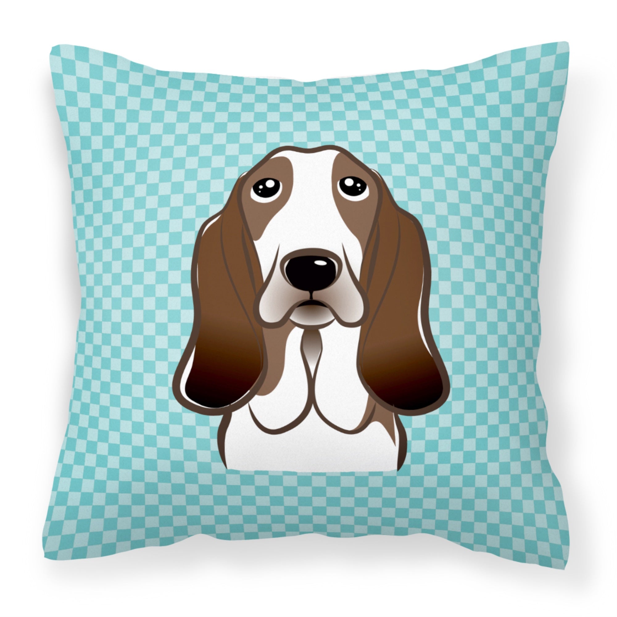 Checkerboard Blue Basset Hound Fabric Decorative Pillow