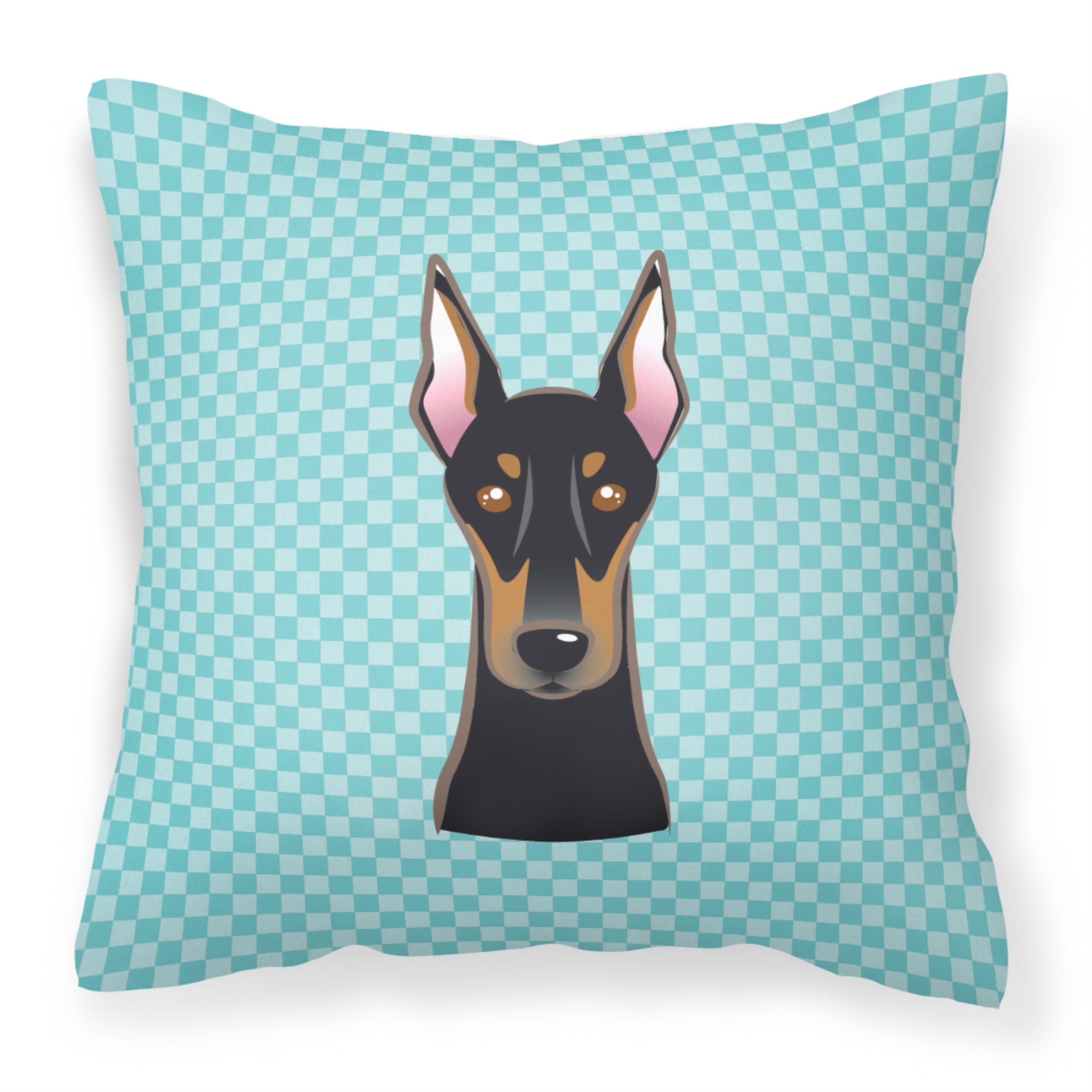 Checkerboard Blue Doberman Fabric Decorative Pillow