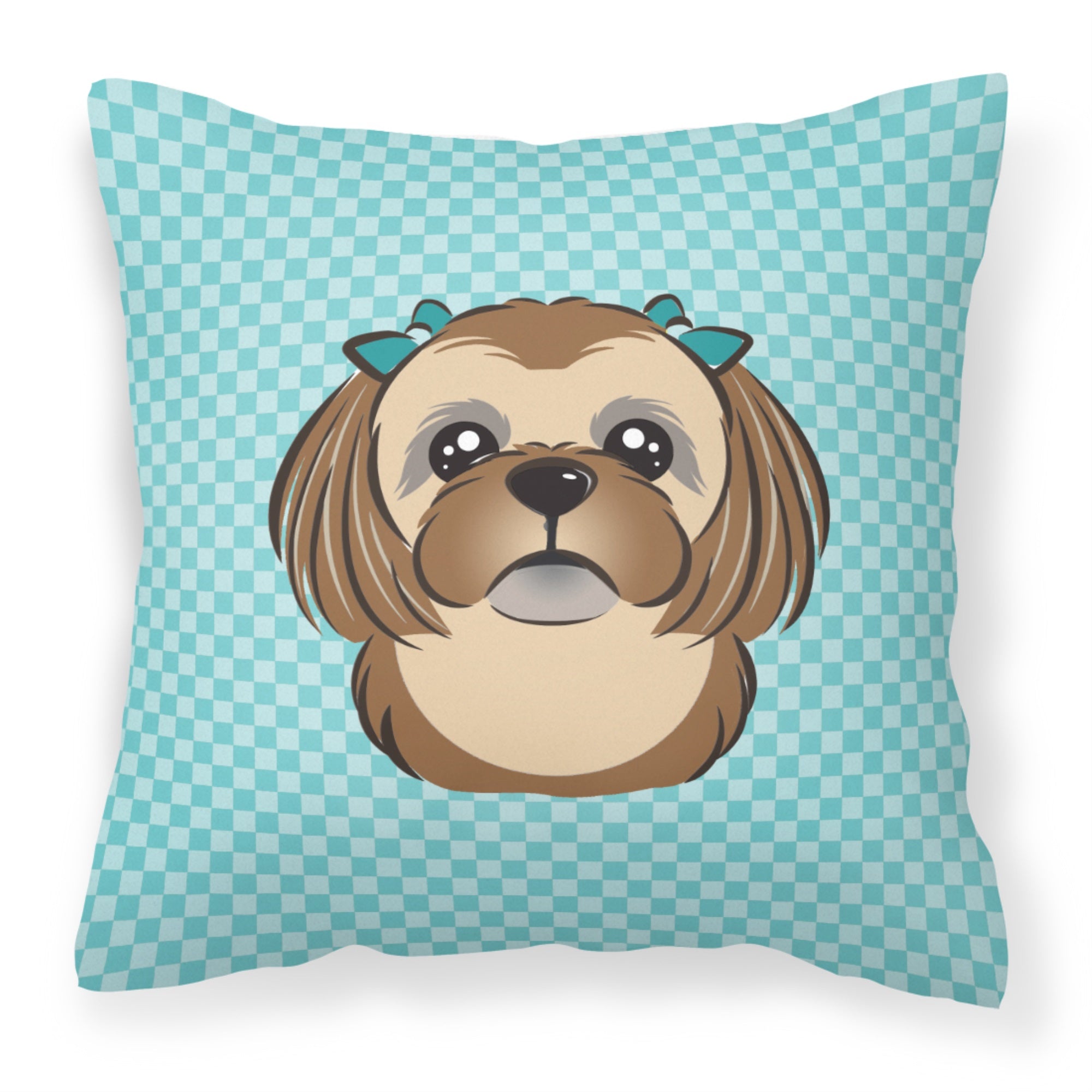 Checkerboard Blue Chocolate Brown Shih Tzu Fabric Decorative Pillow