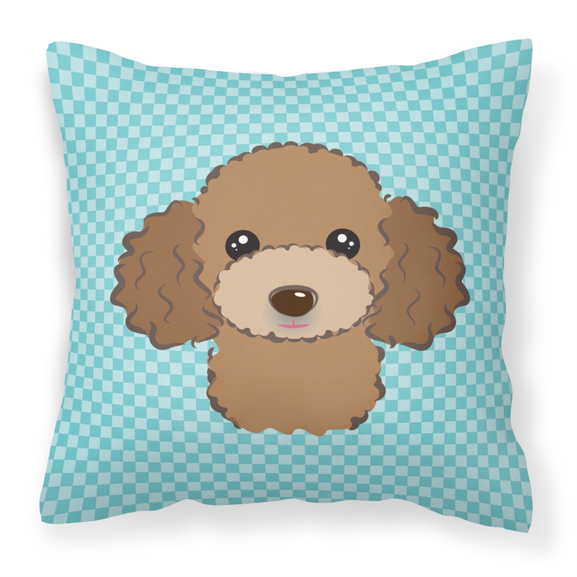 Checkerboard Blue Chocolate Brown Poodle Fabric Decorative Pillow