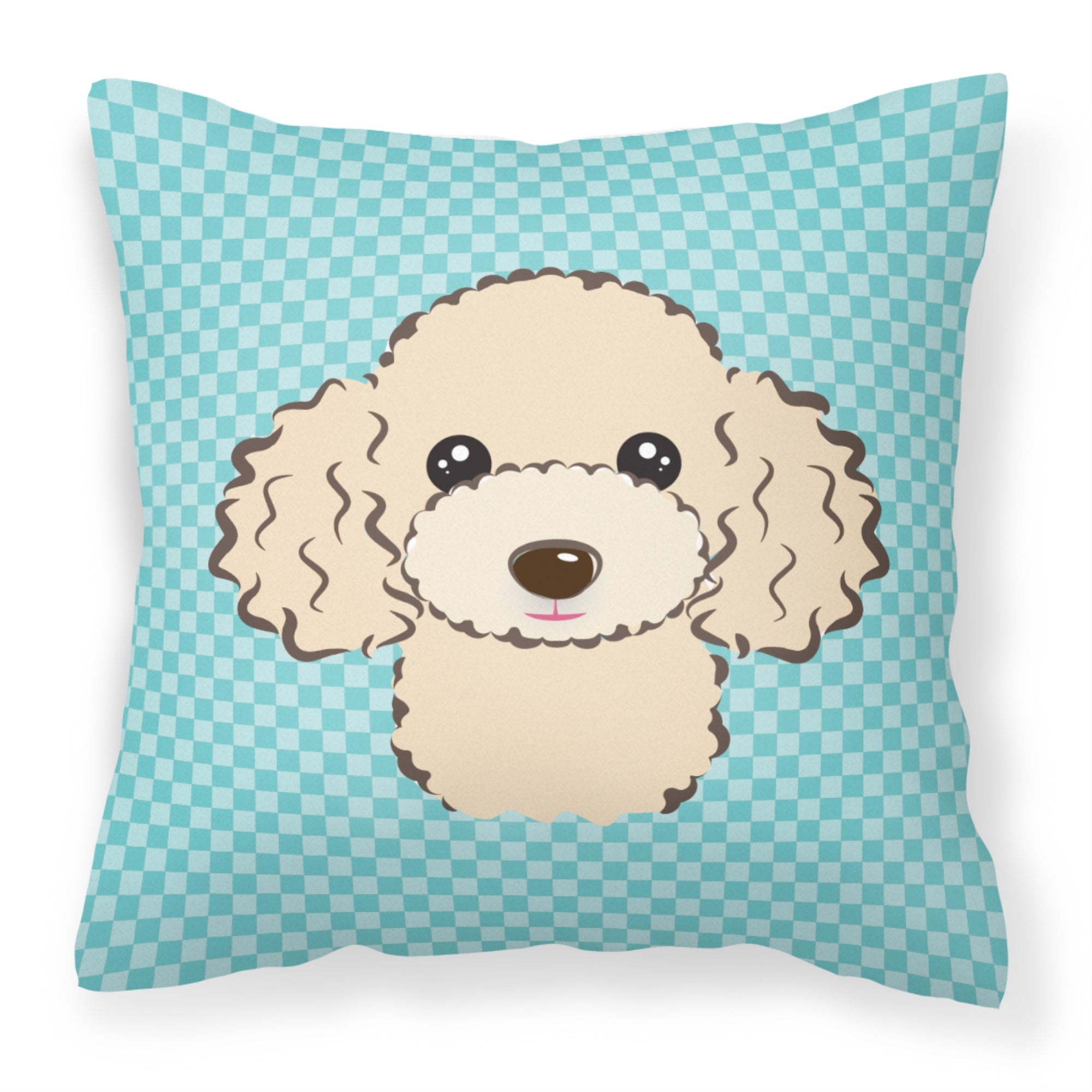 Checkerboard Blue Buff Poodle Fabric Decorative Pillow