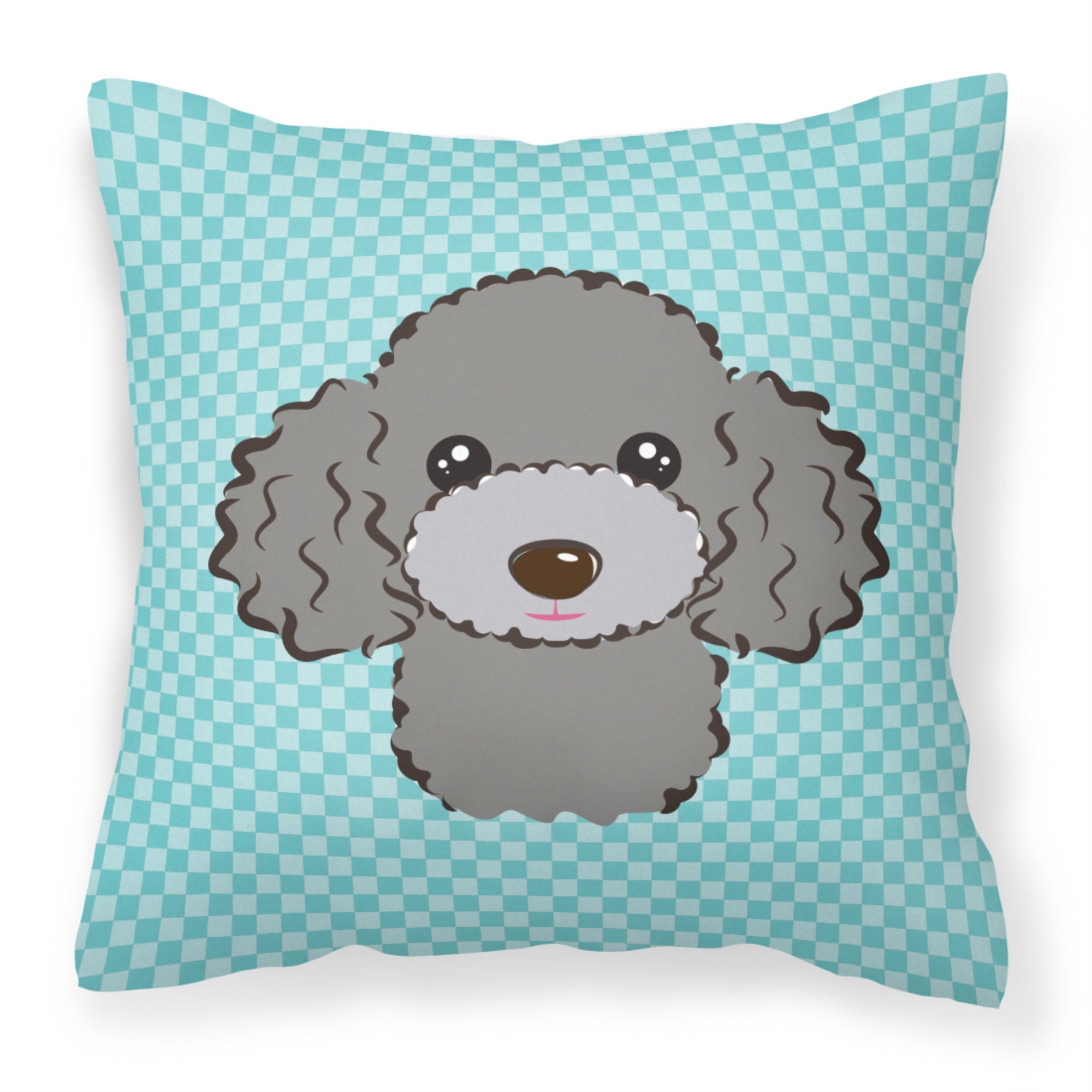 Checkerboard Blue Silver Gray Poodle Fabric Decorative Pillow