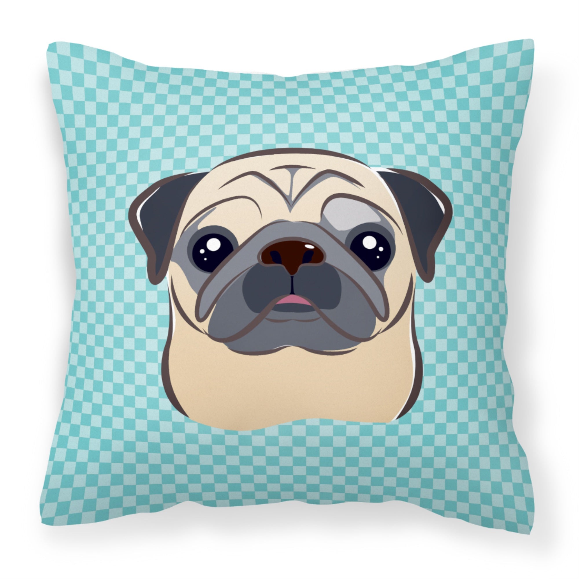 Checkerboard Blue Fawn Pug Fabric Decorative Pillow