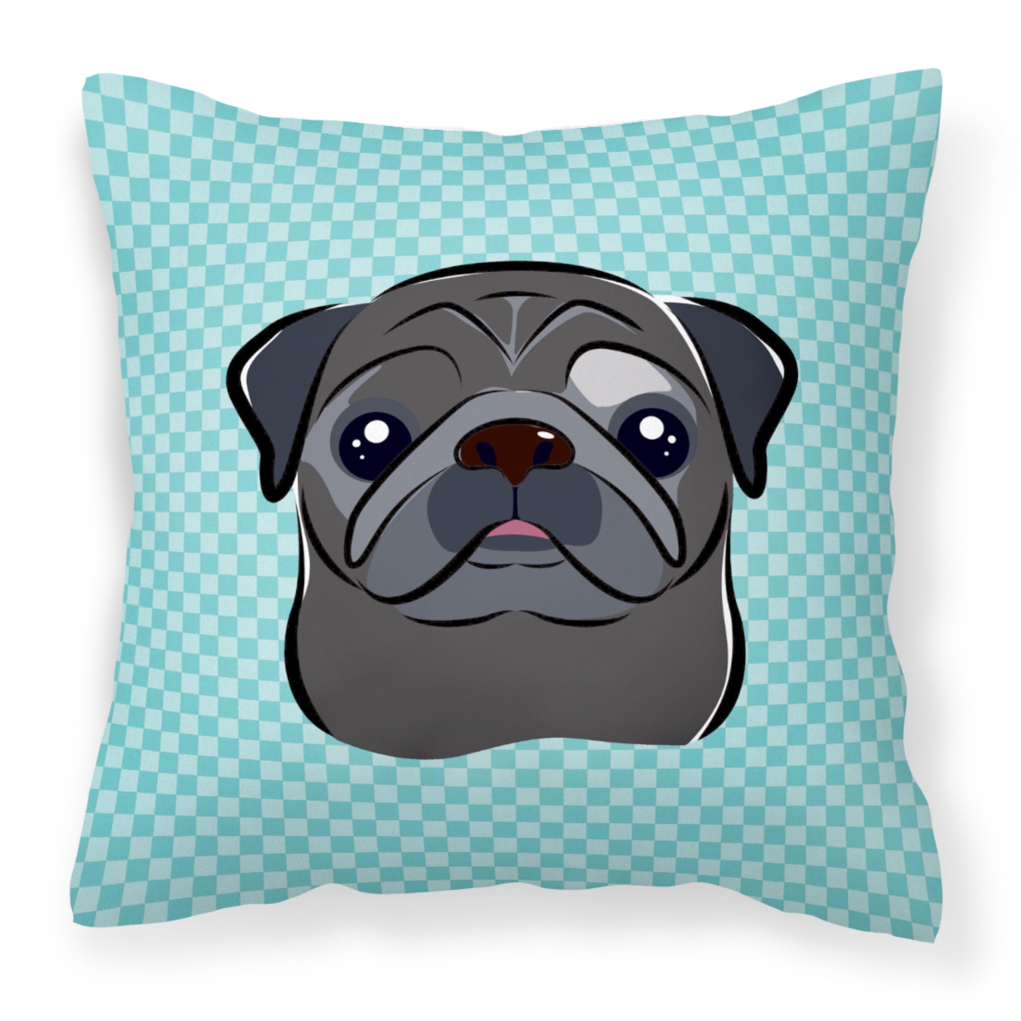 Checkerboard Blue Black Pug Fabric Decorative Pillow