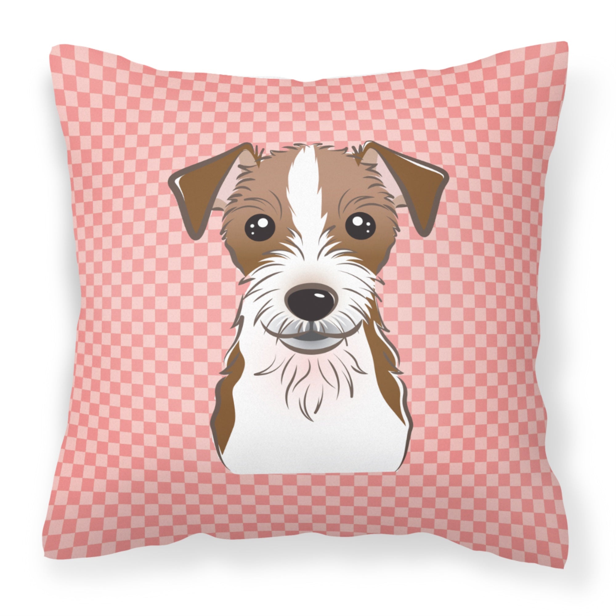 Checkerboard Pink Jack Russell Terrier Fabric Decorative Pillow