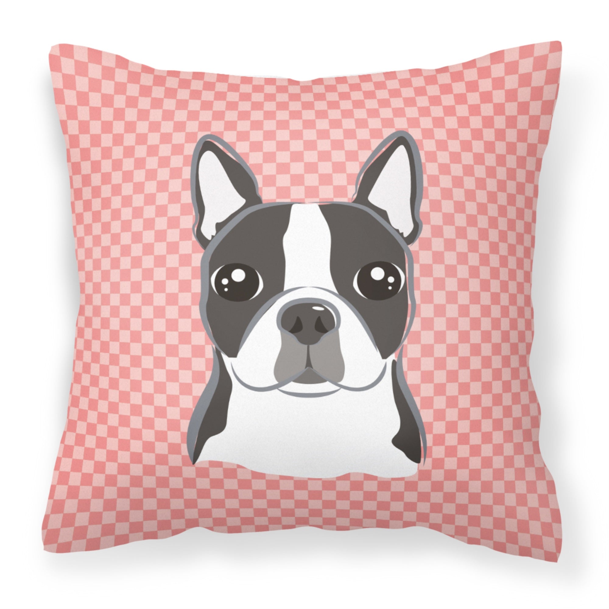 Checkerboard Pink Boston Terrier Fabric Decorative Pillow