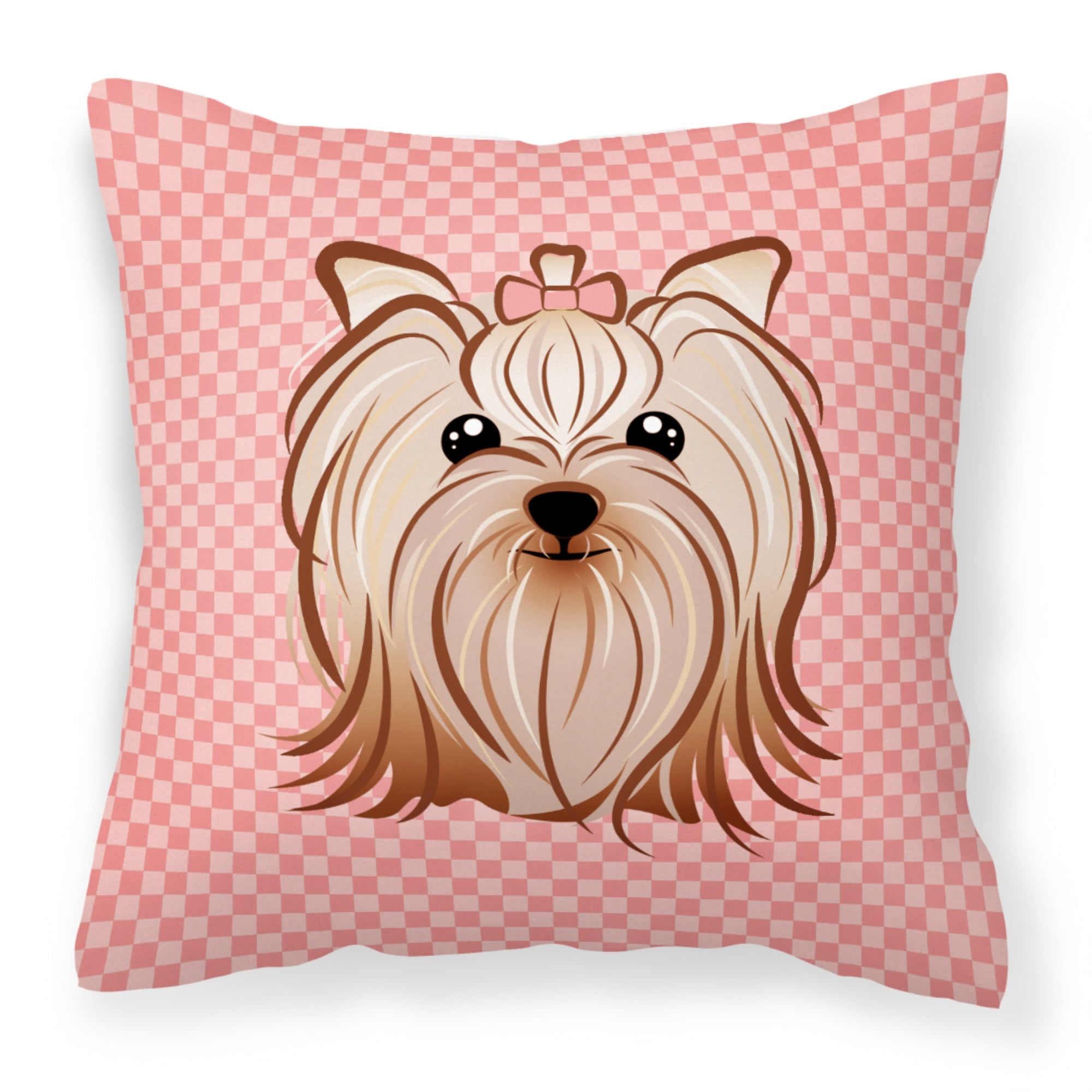 Checkerboard Pink Yorkie Yorkishire Terrier Fabric Decorative Pillow