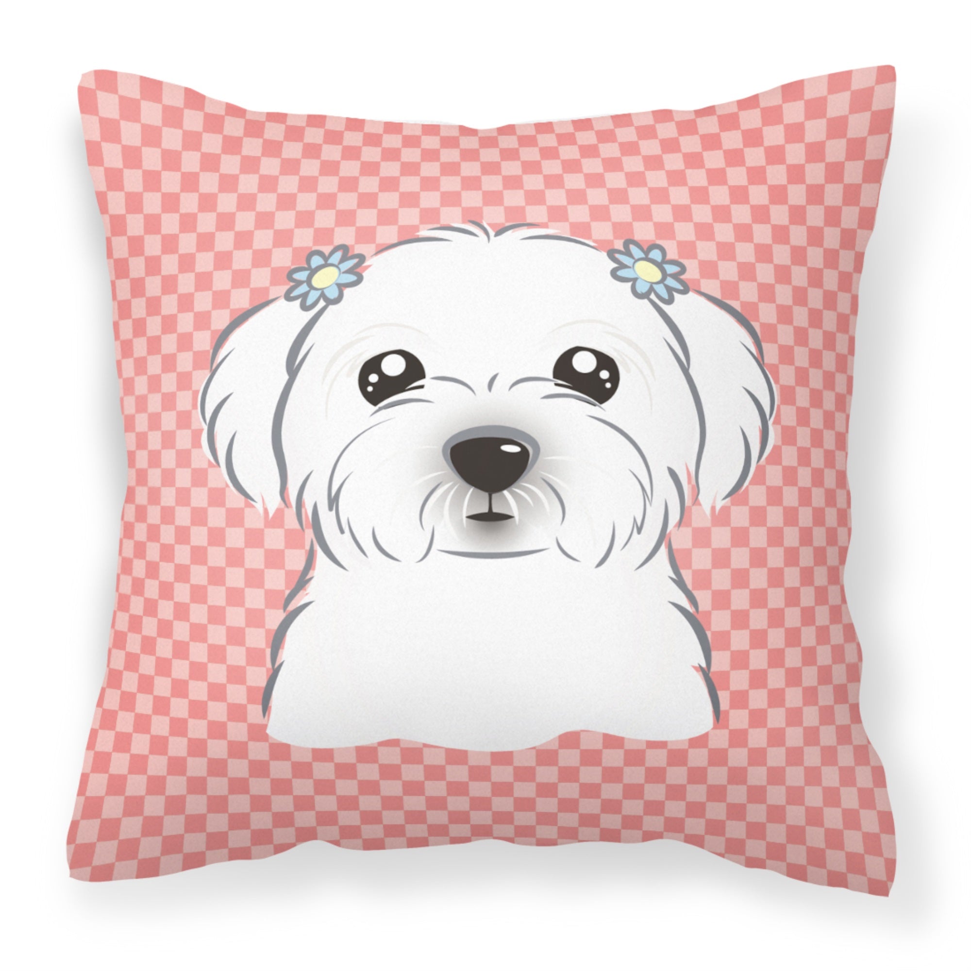 Checkerboard Pink Maltese Fabric Decorative Pillow
