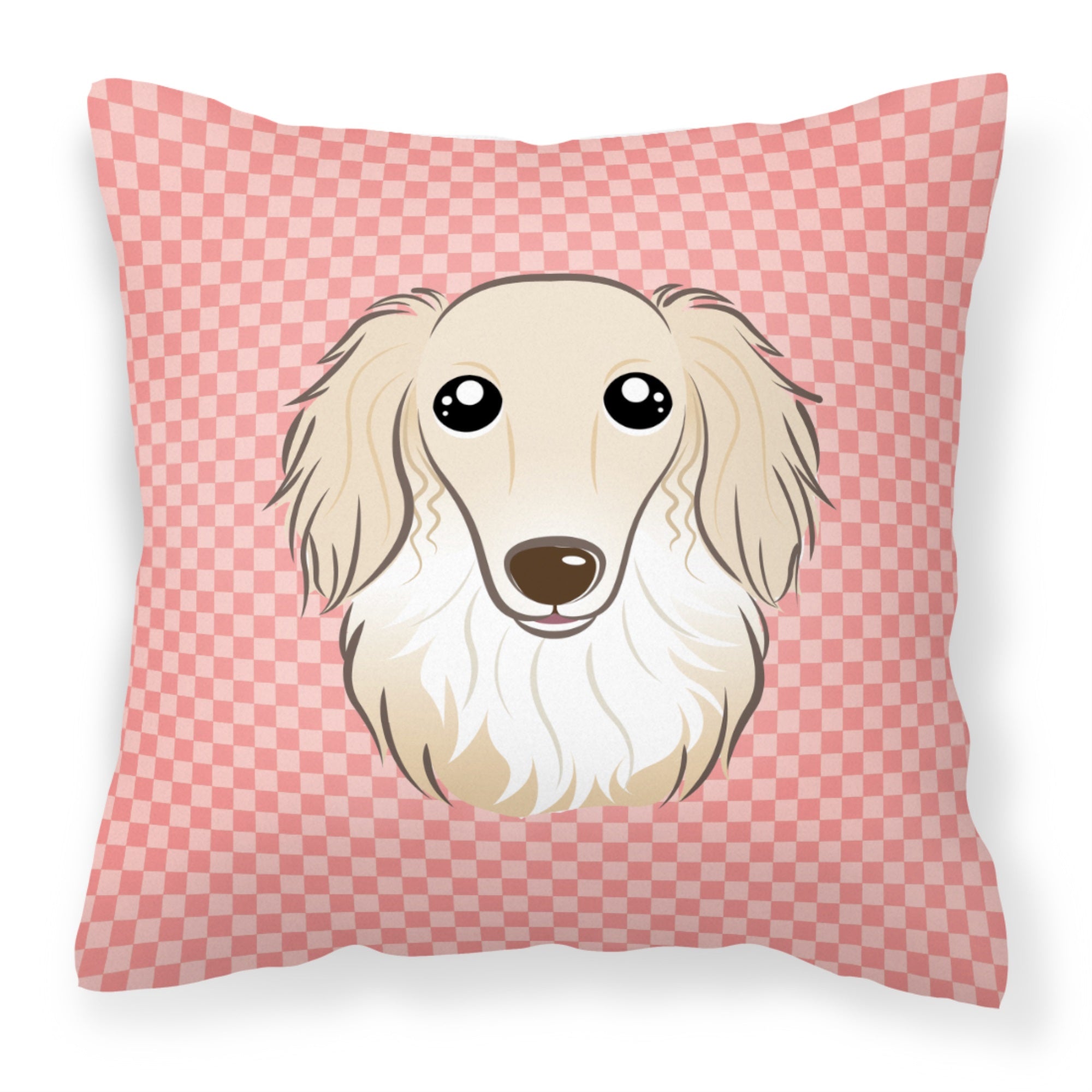 Checkerboard Pink Longhair Creme Dachshund Fabric Decorative Pillow