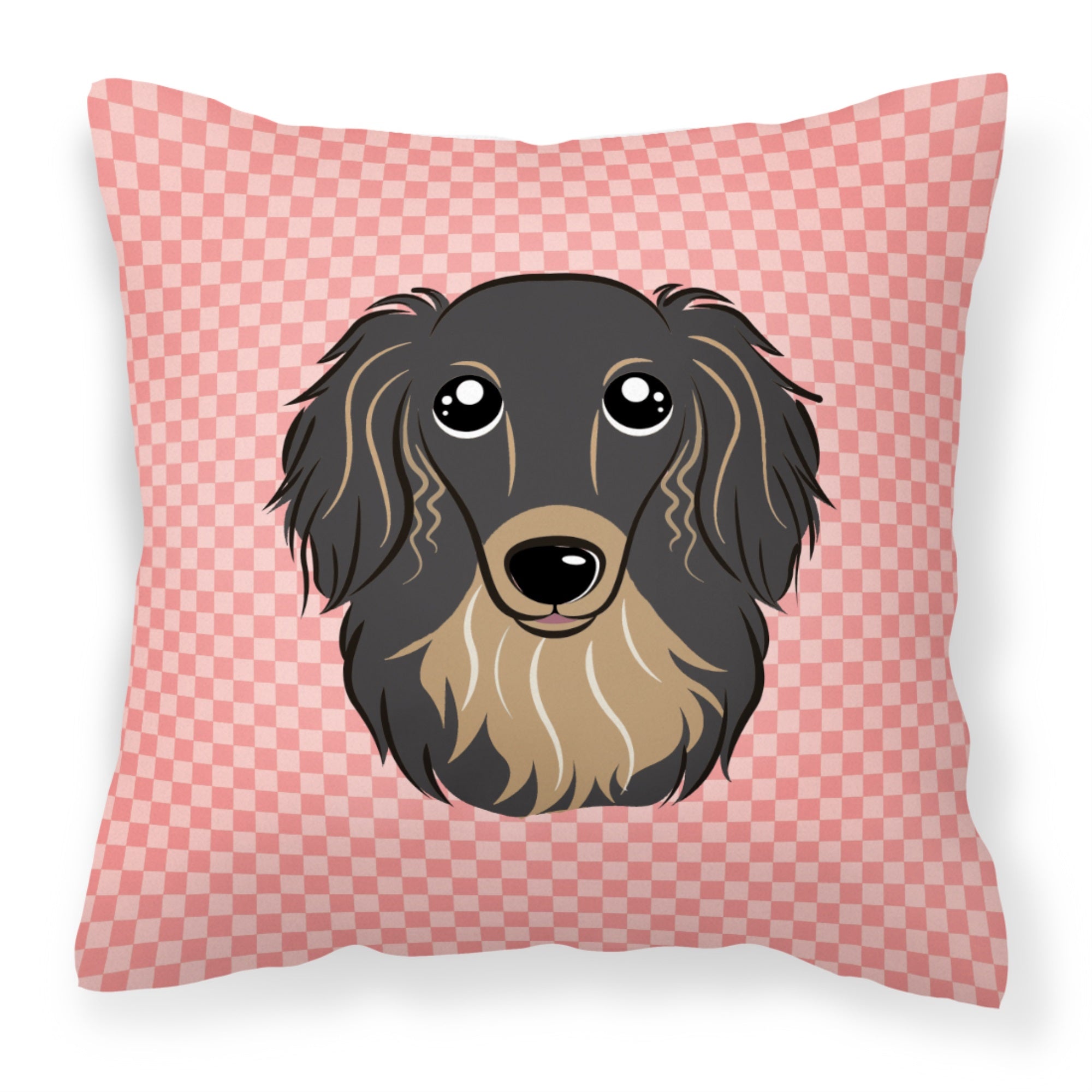 Checkerboard Pink Longhair Black And Tan Dachshund Fabric Decorative Pillow