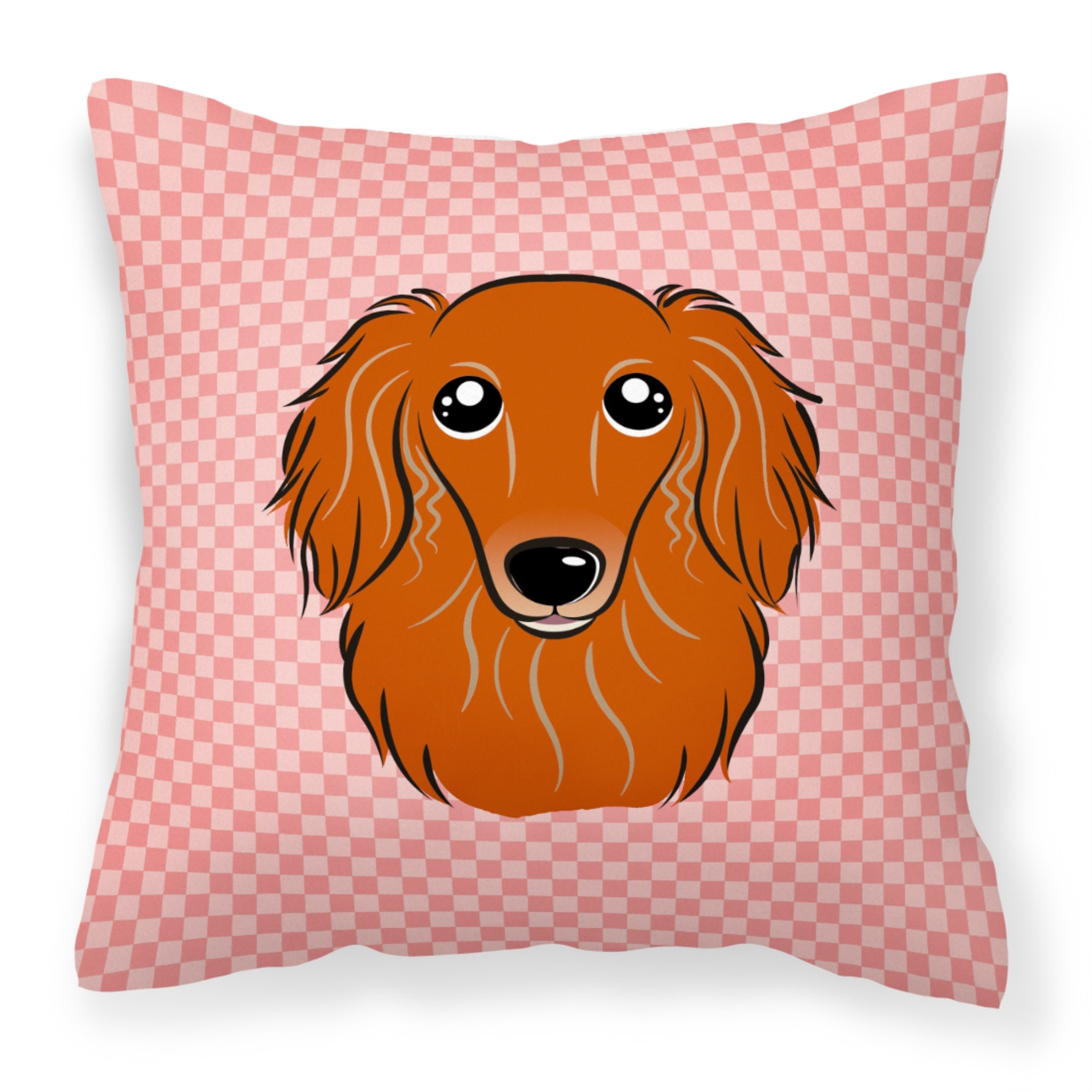 Checkerboard Pink Longhair Red Dachshund Fabric Decorative Pillow