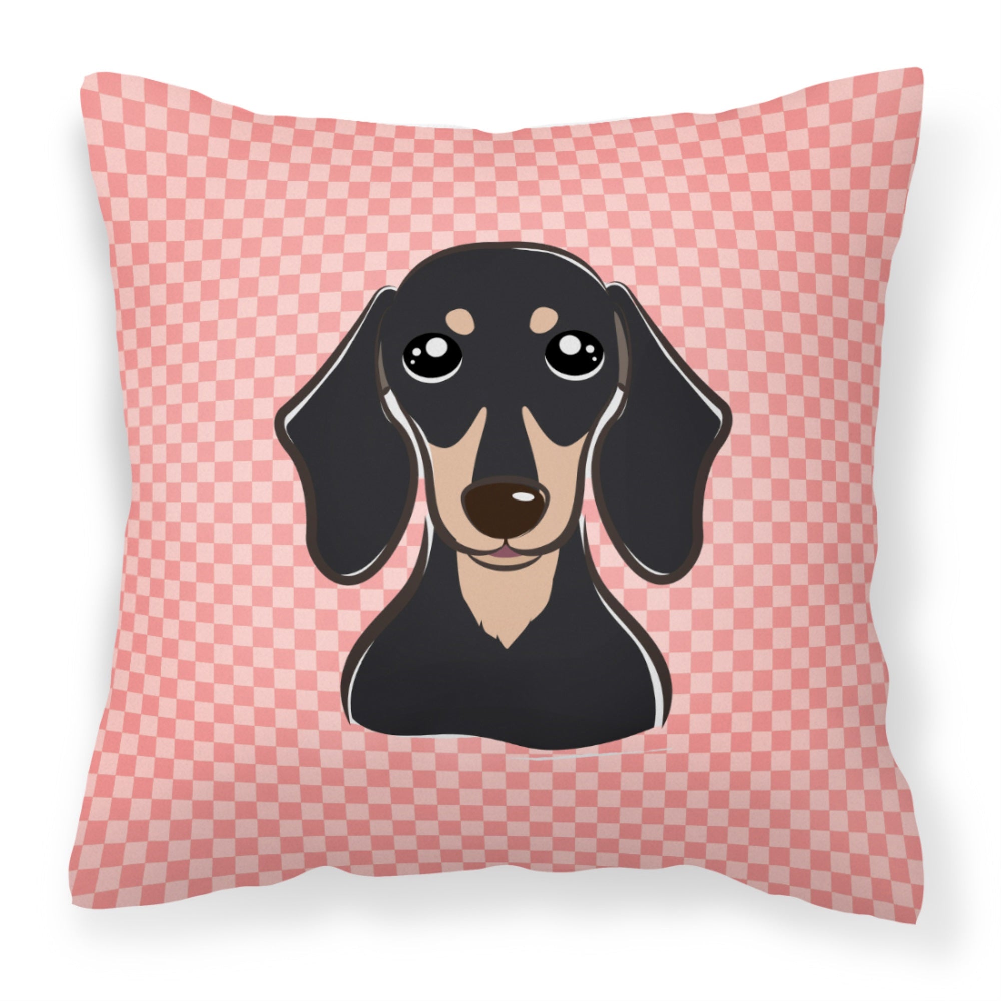 Checkerboard Pink Smooth Black And Tan Dachshund Fabric Decorative Pillow