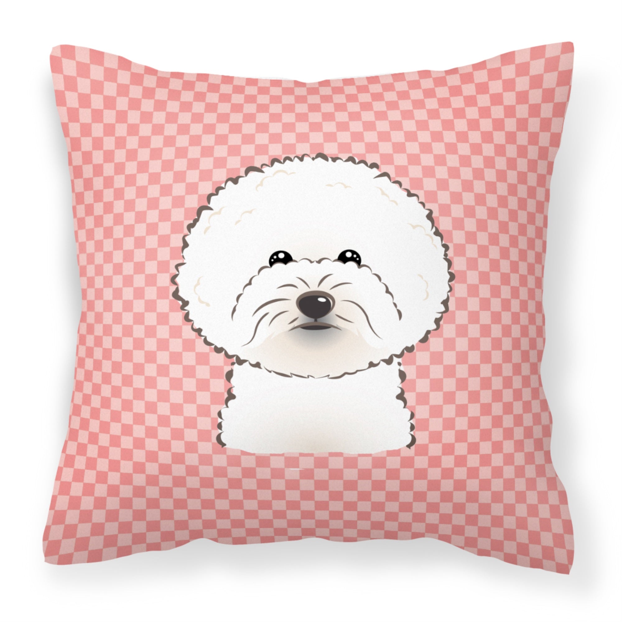 Checkerboard Pink Bichon Frise Fabric Decorative Pillow