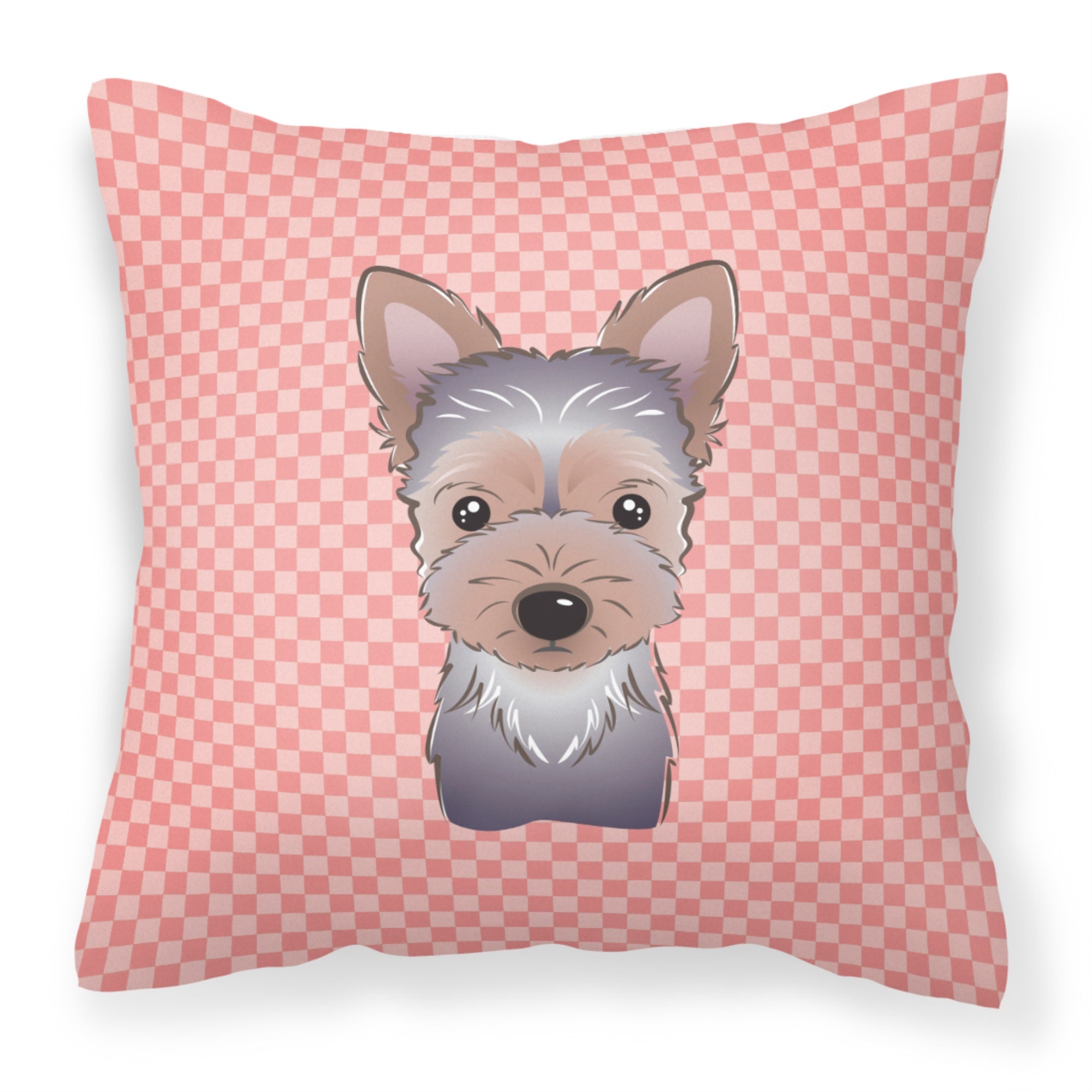 Checkerboard Pink Yorkie Puppy Fabric Decorative Pillow