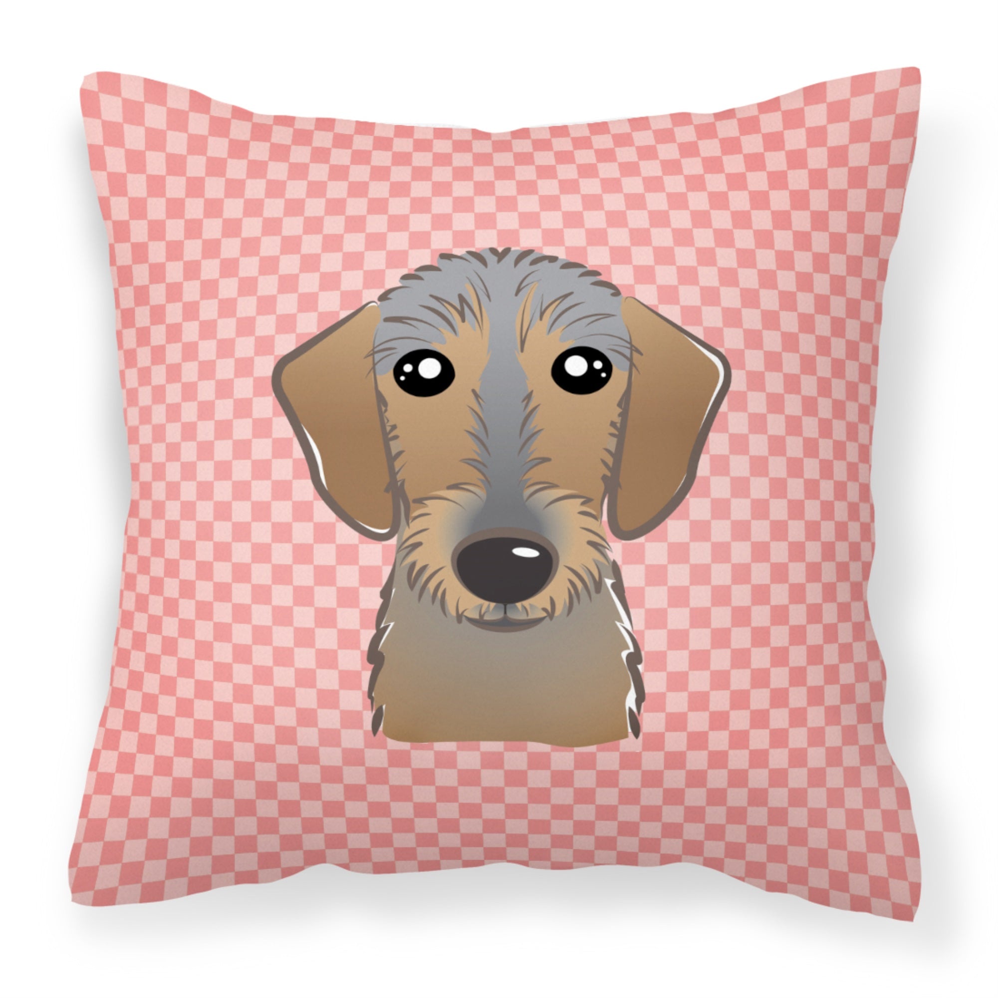 Checkerboard Pink Wirehaired Dachshund Fabric Decorative Pillow