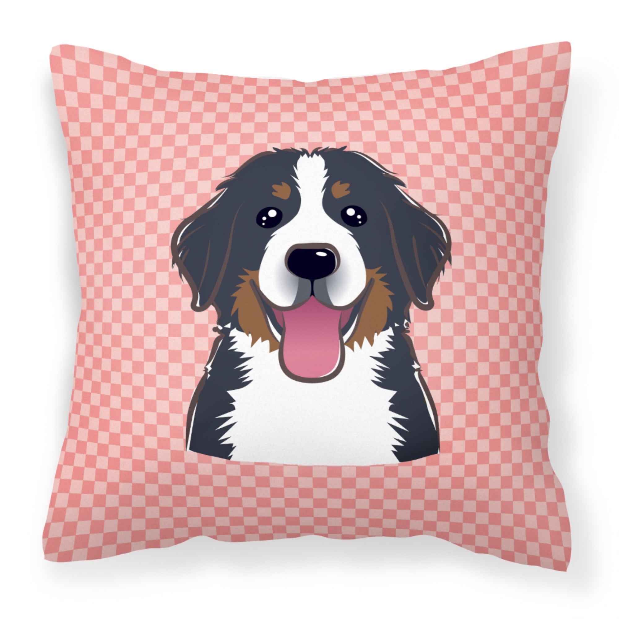 Checkerboard Pink Bernese Mountain Dog Fabric Decorative Pillow