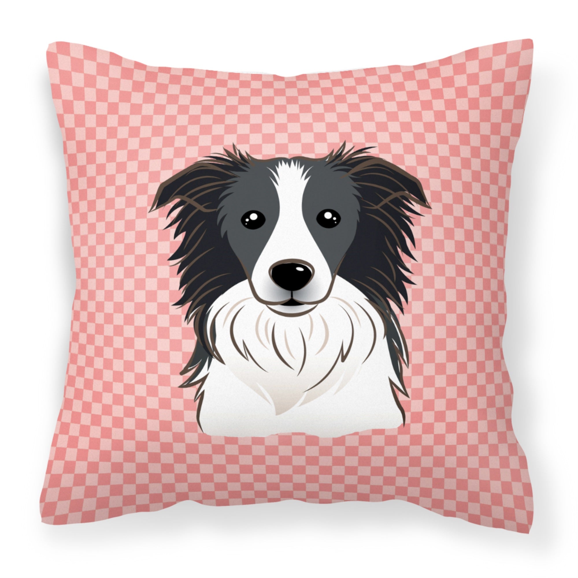 Checkerboard Pink Border Collie Fabric Decorative Pillow