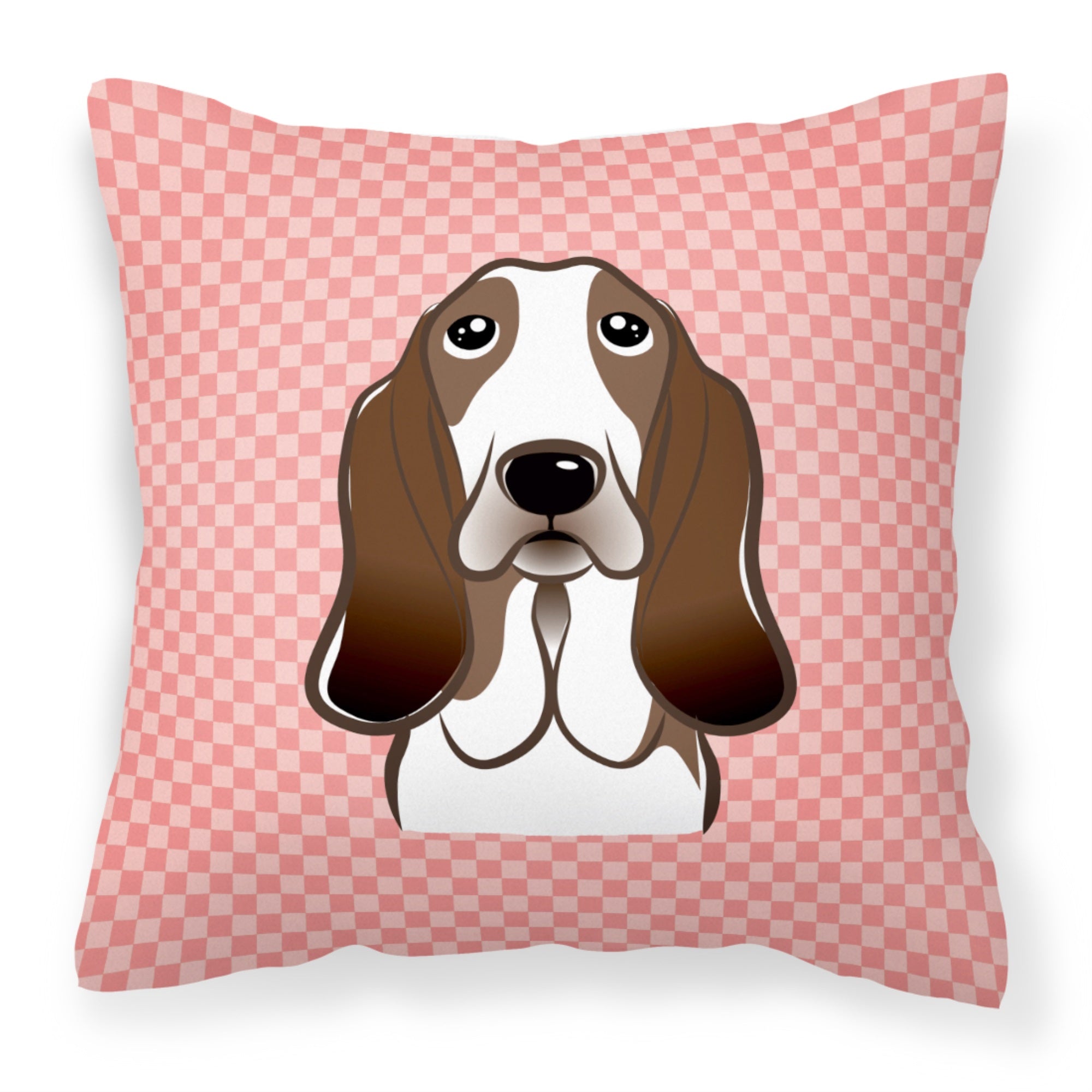 Checkerboard Pink Basset Hound Fabric Decorative Pillow