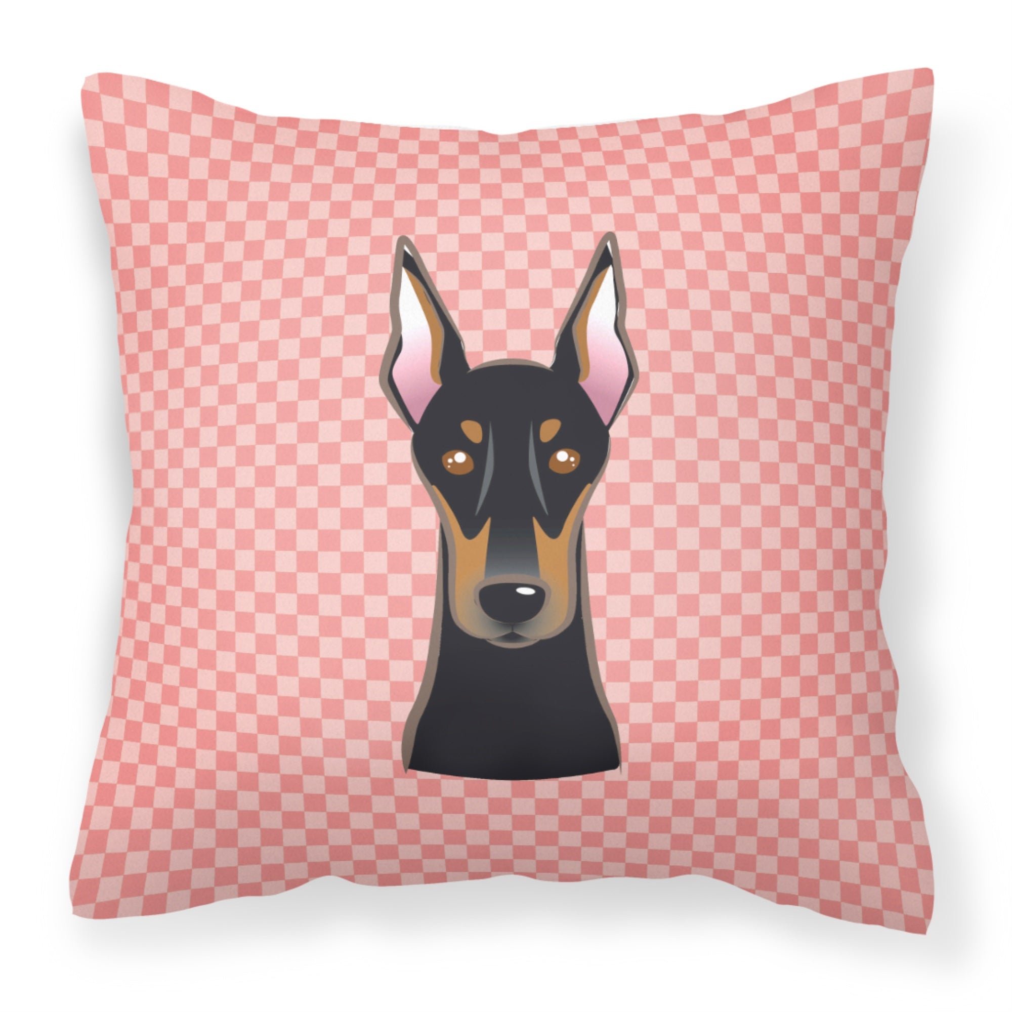 Checkerboard Pink Doberman Fabric Decorative Pillow