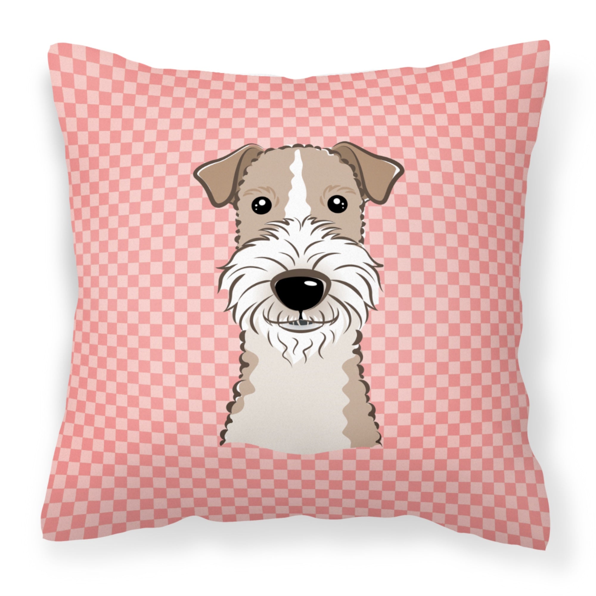 Checkerboard Pink Wire Haired Fox Terrier Fabric Decorative Pillow