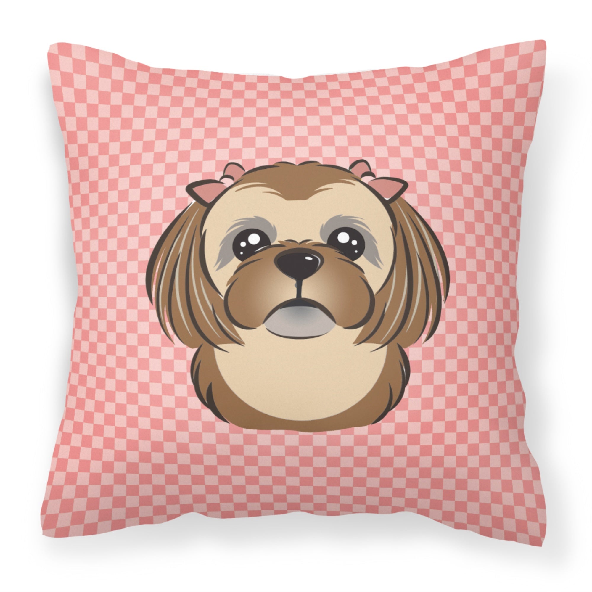 Checkerboard Pink Chocolate Brown Shih Tzu Fabric Decorative Pillow