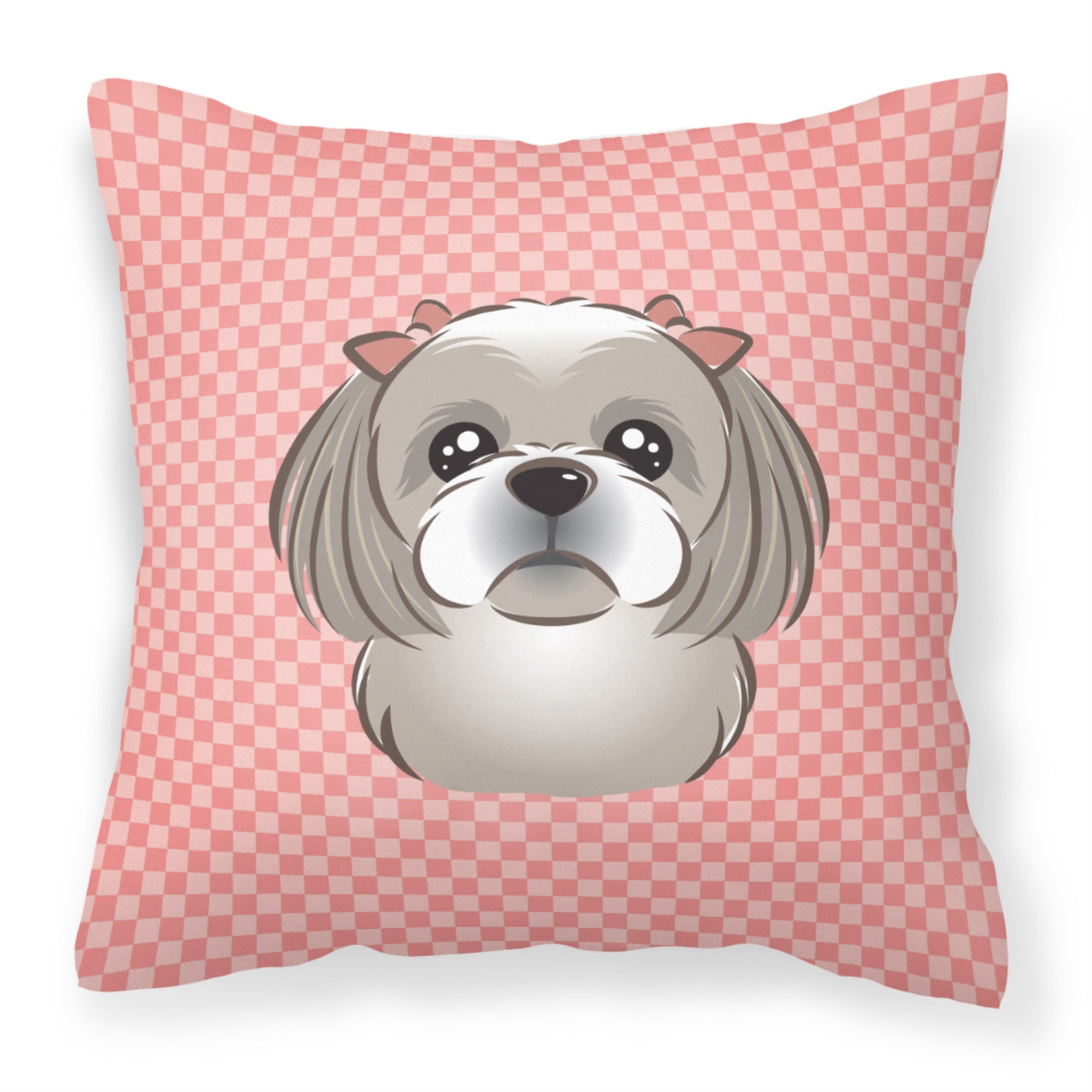 Checkerboard Pink Gray Silver Shih Tzu Fabric Decorative Pillow