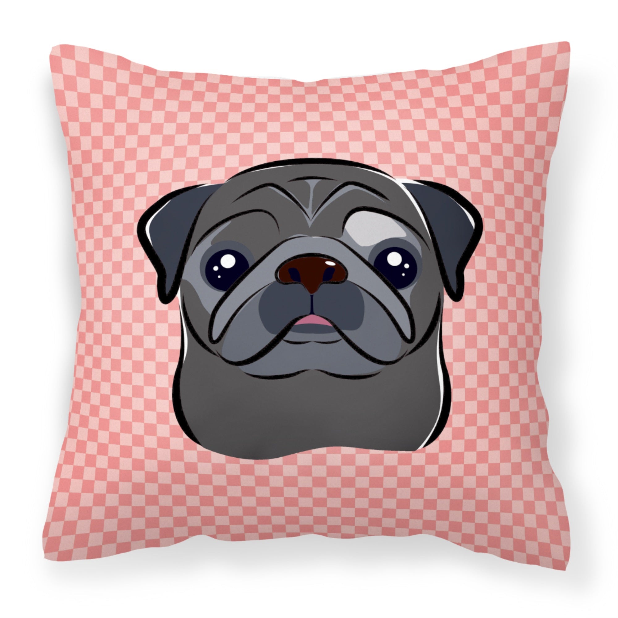 Checkerboard Pink Black Pug Fabric Decorative Pillow