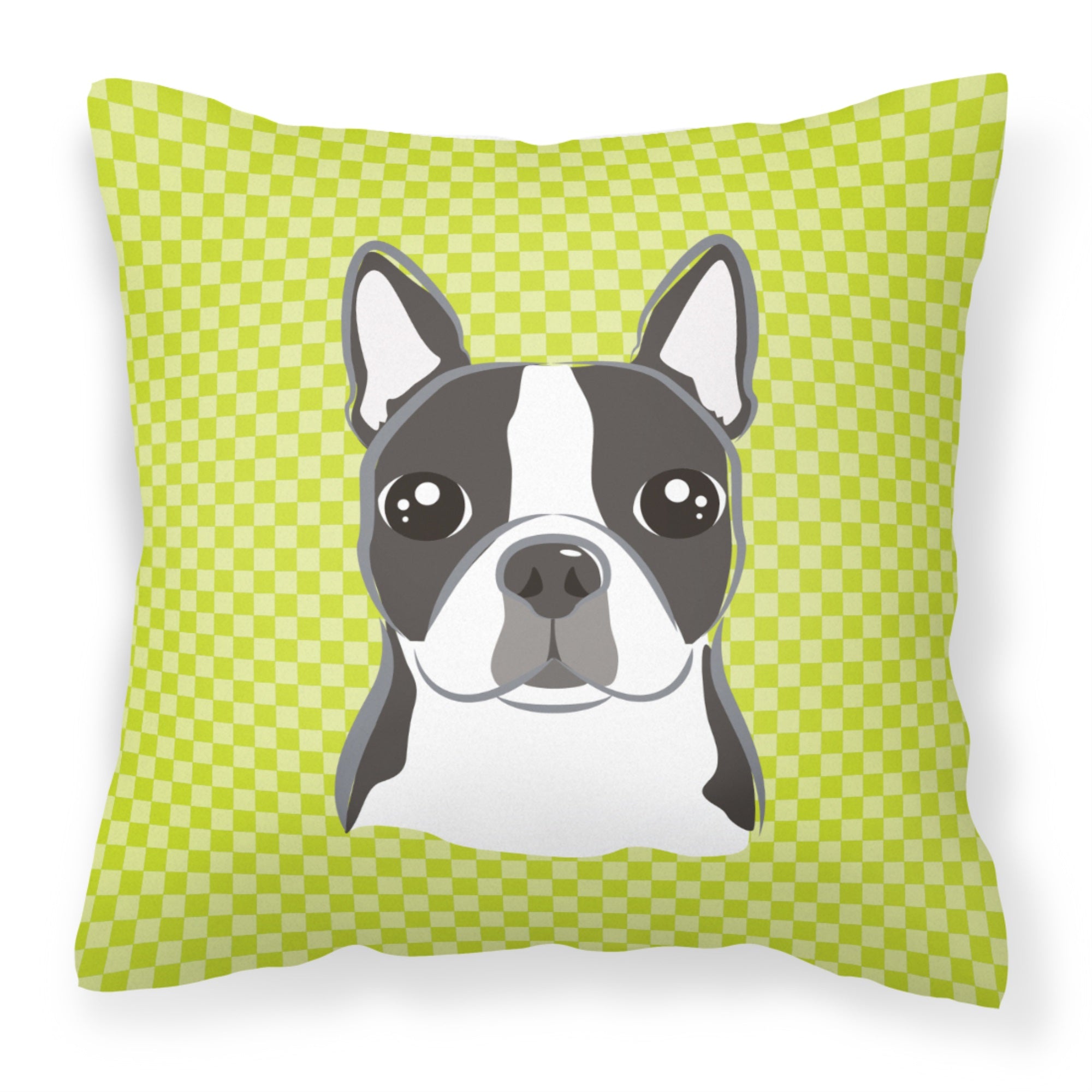 Checkerboard Lime Green Boston Terrier Fabric Decorative Pillow