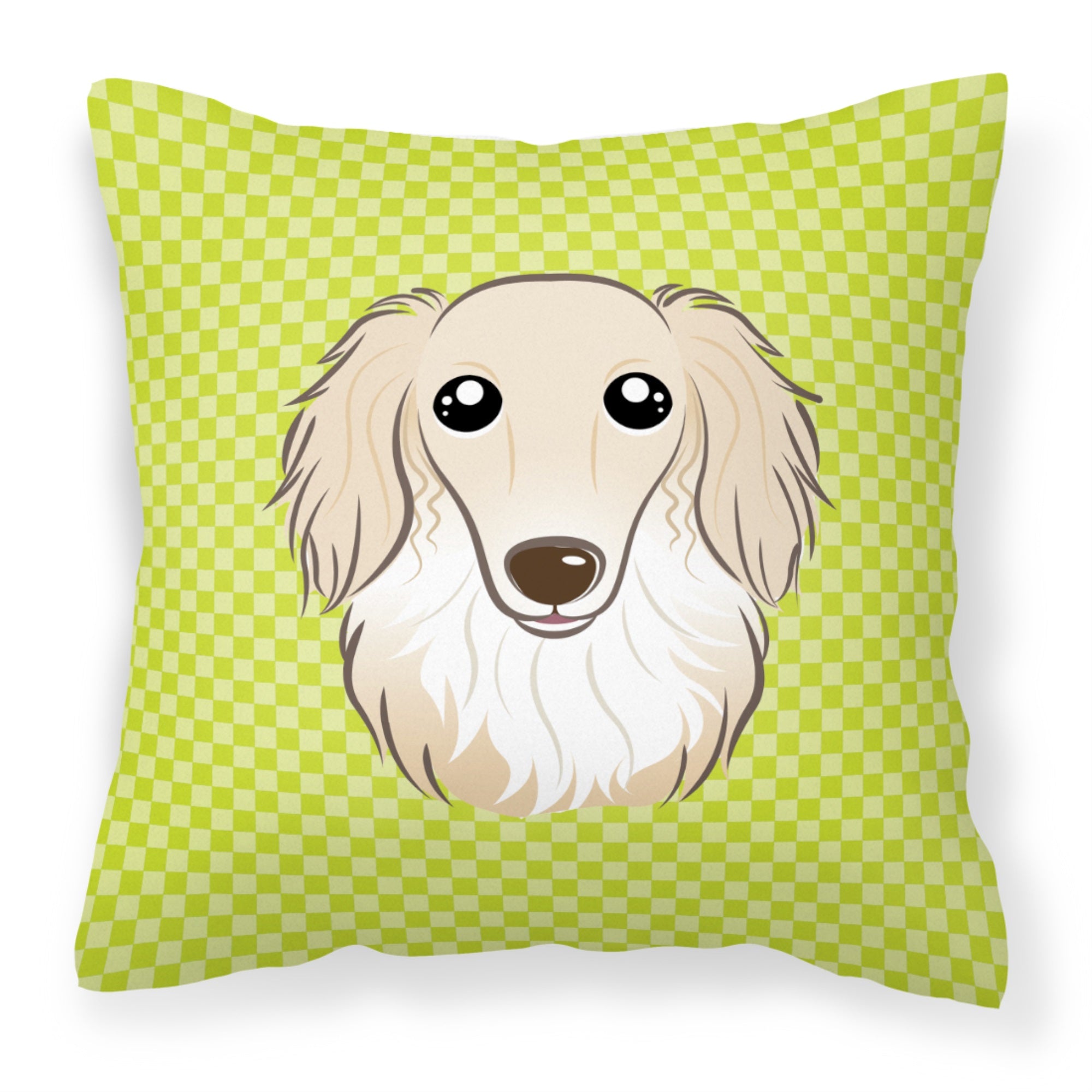 Checkerboard Lime Green Longhair Creme Dachshund Fabric Decorative Pillow
