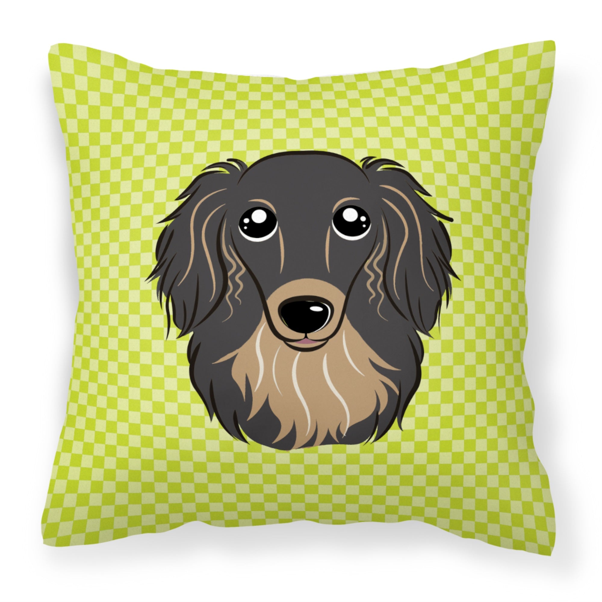 Checkerboard Lime Green Longhair Black And Tan Dachshund Fabric Decorative Pillow