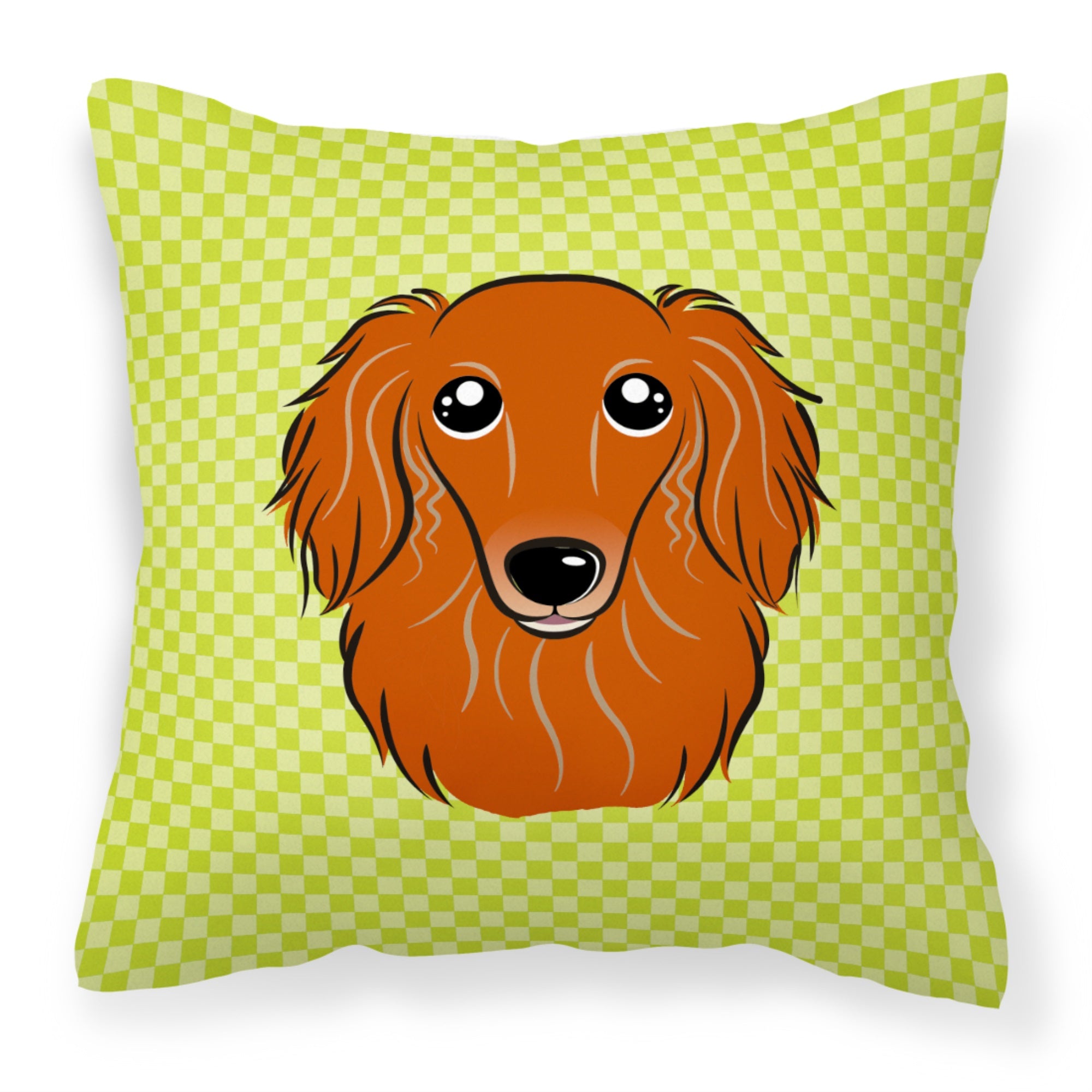 Checkerboard Lime Green Longhair Red Dachshund Fabric Decorative Pillow