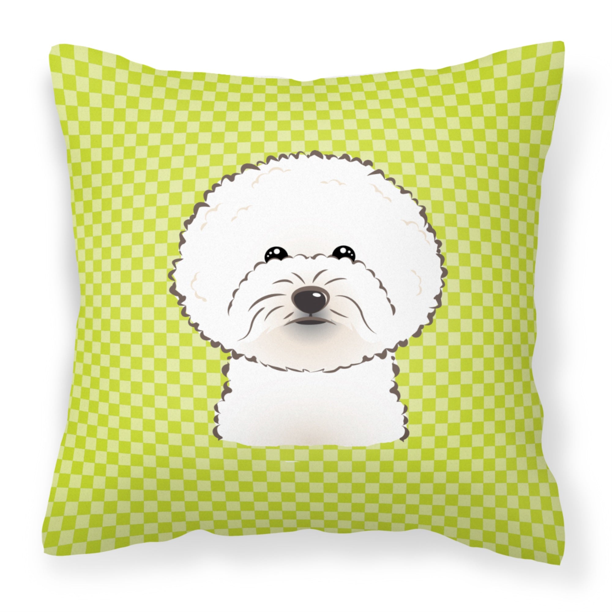 Checkerboard Lime Green Bichon Frise Fabric Decorative Pillow