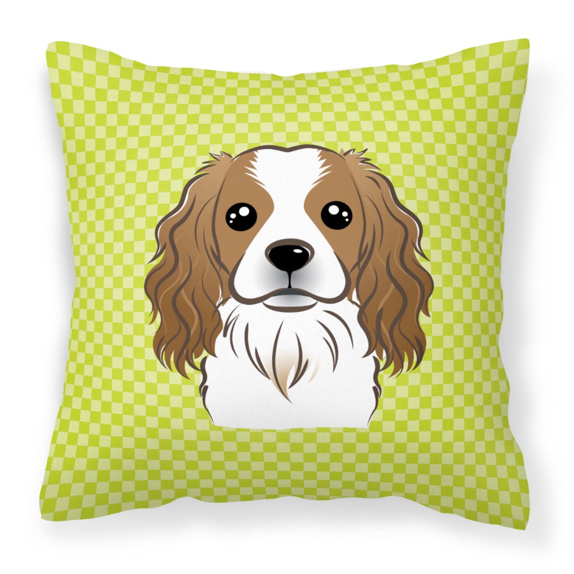 Checkerboard Lime Green Cavalier Spaniel Fabric Decorative Pillow