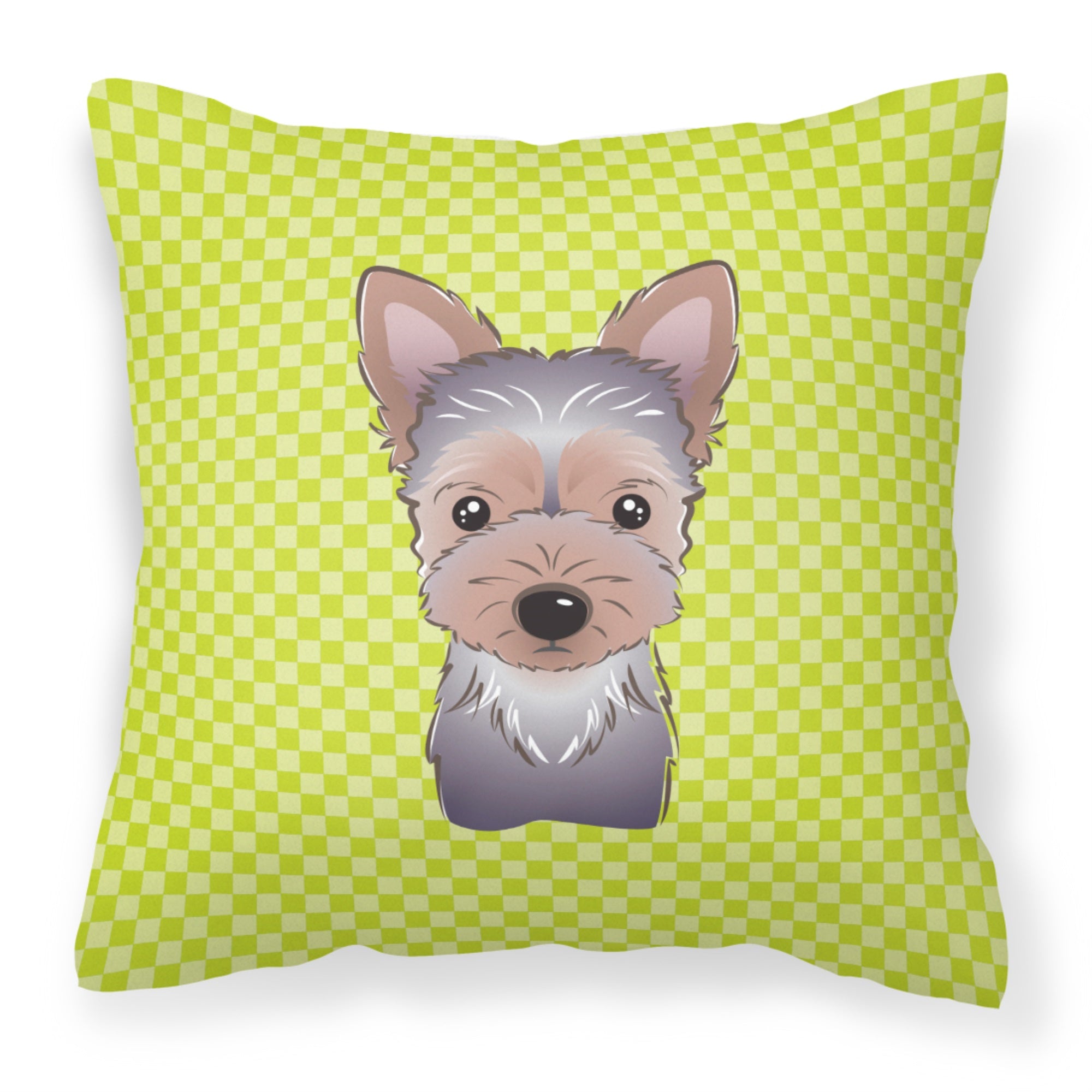 Checkerboard Lime Green Yorkie Puppy Fabric Decorative Pillow