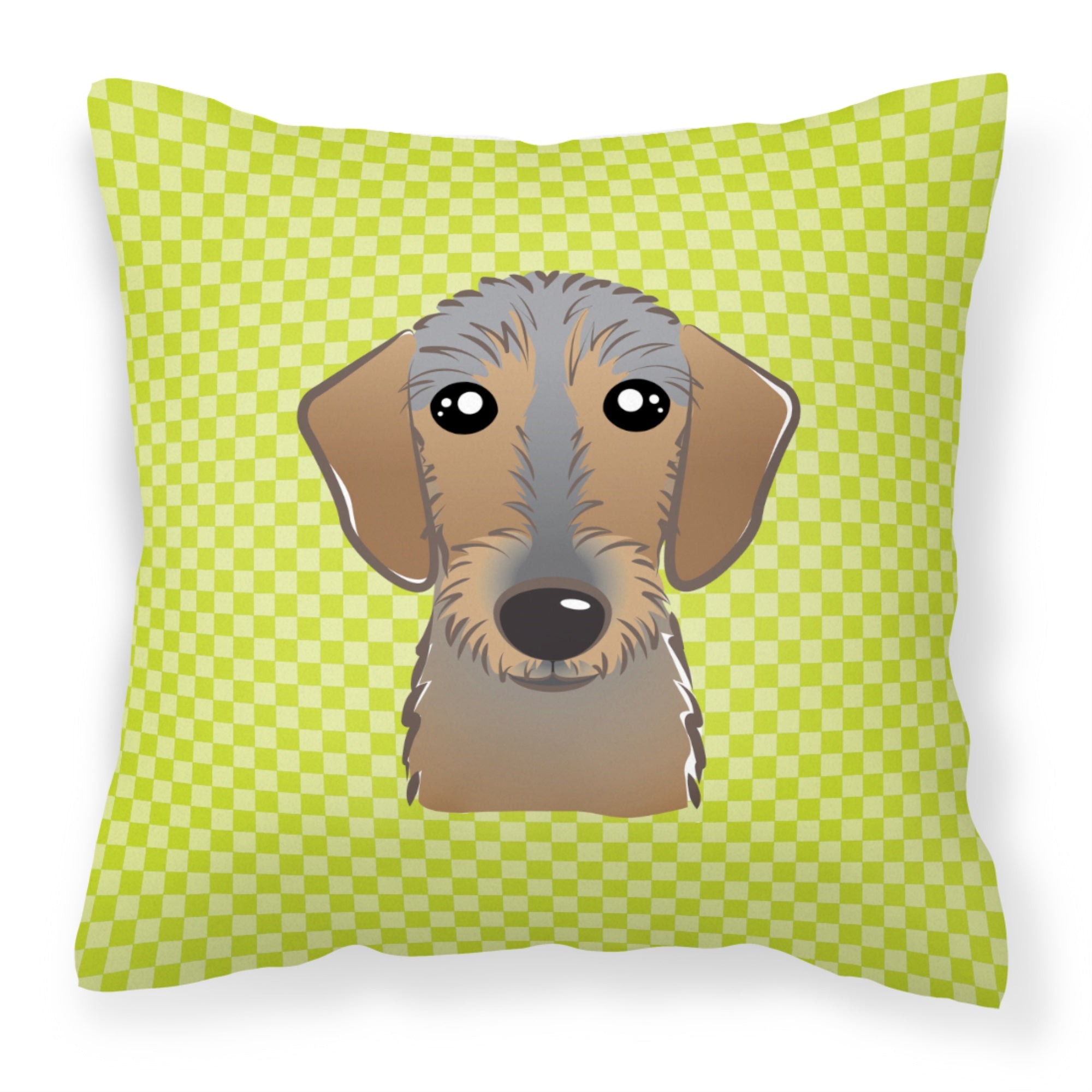 Checkerboard Lime Green Wirehaired Dachshund Fabric Decorative Pillow
