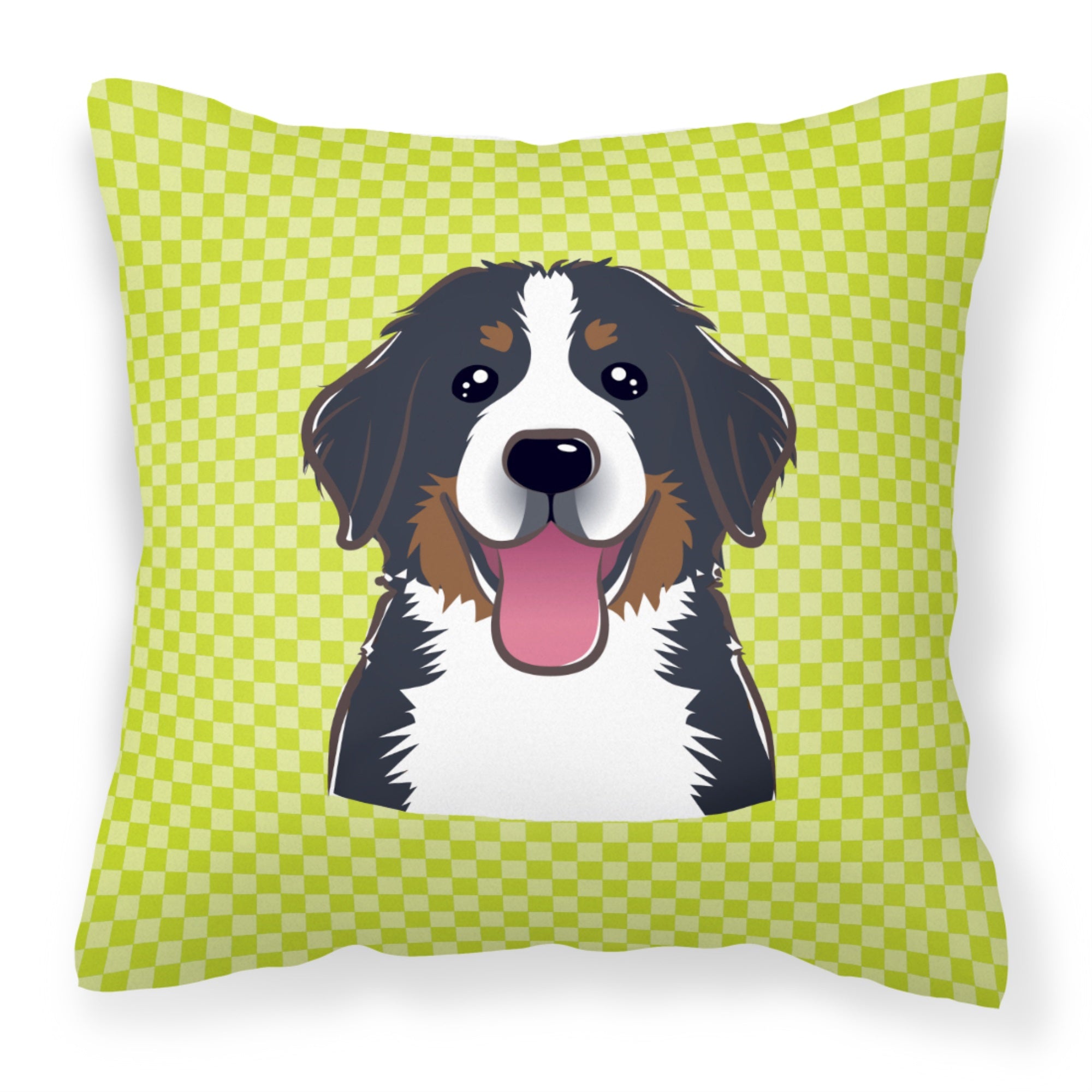 Checkerboard Lime Green Bernese Mountain Dog Fabric Decorative Pillow