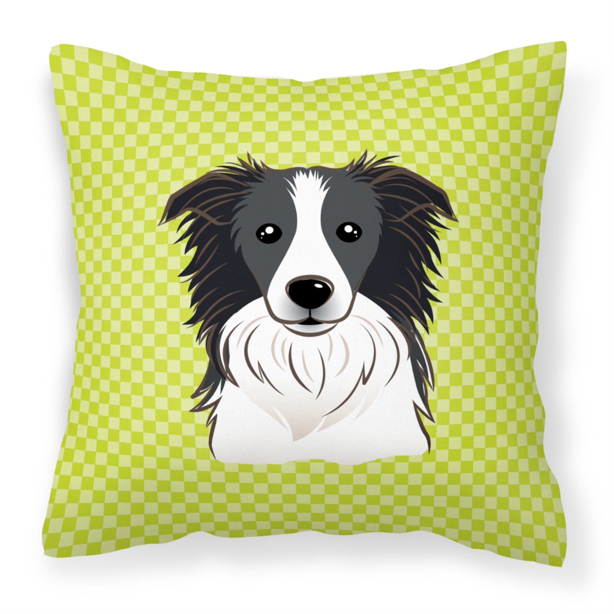 Checkerboard Lime Green Border Collie Fabric Decorative Pillow