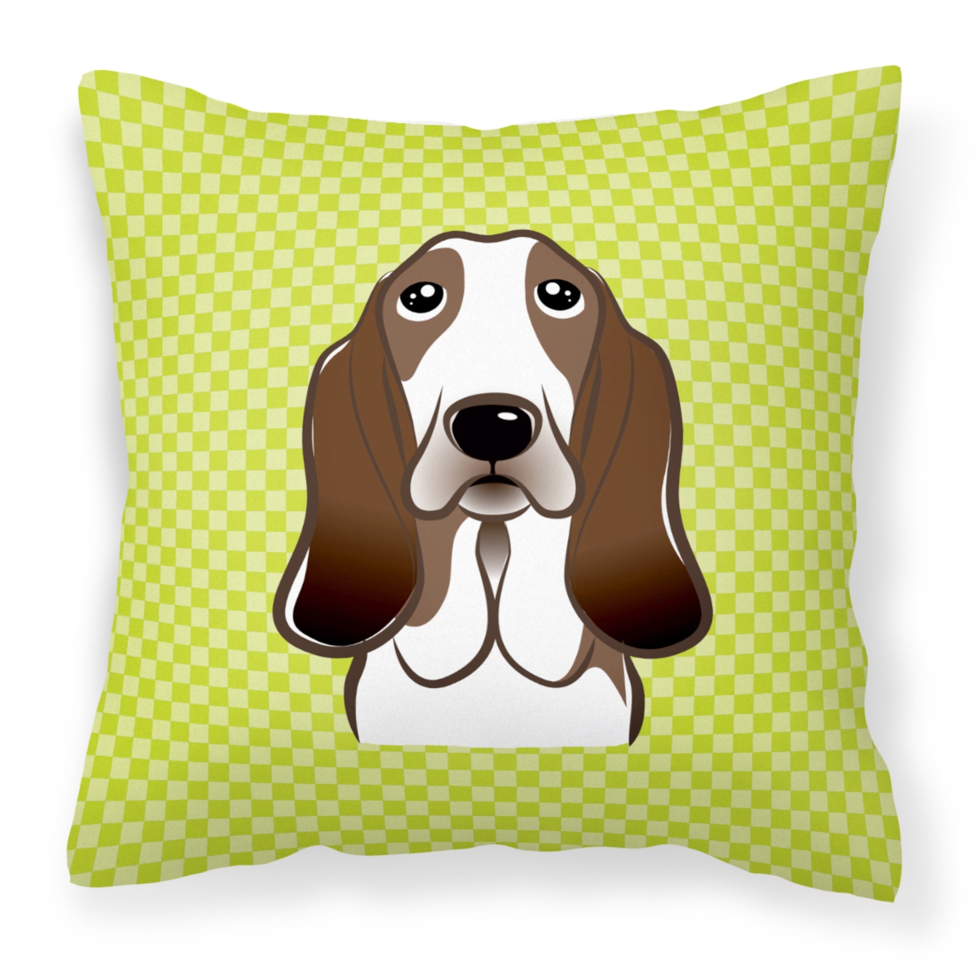 Checkerboard Lime Green Basset Hound Fabric Decorative Pillow