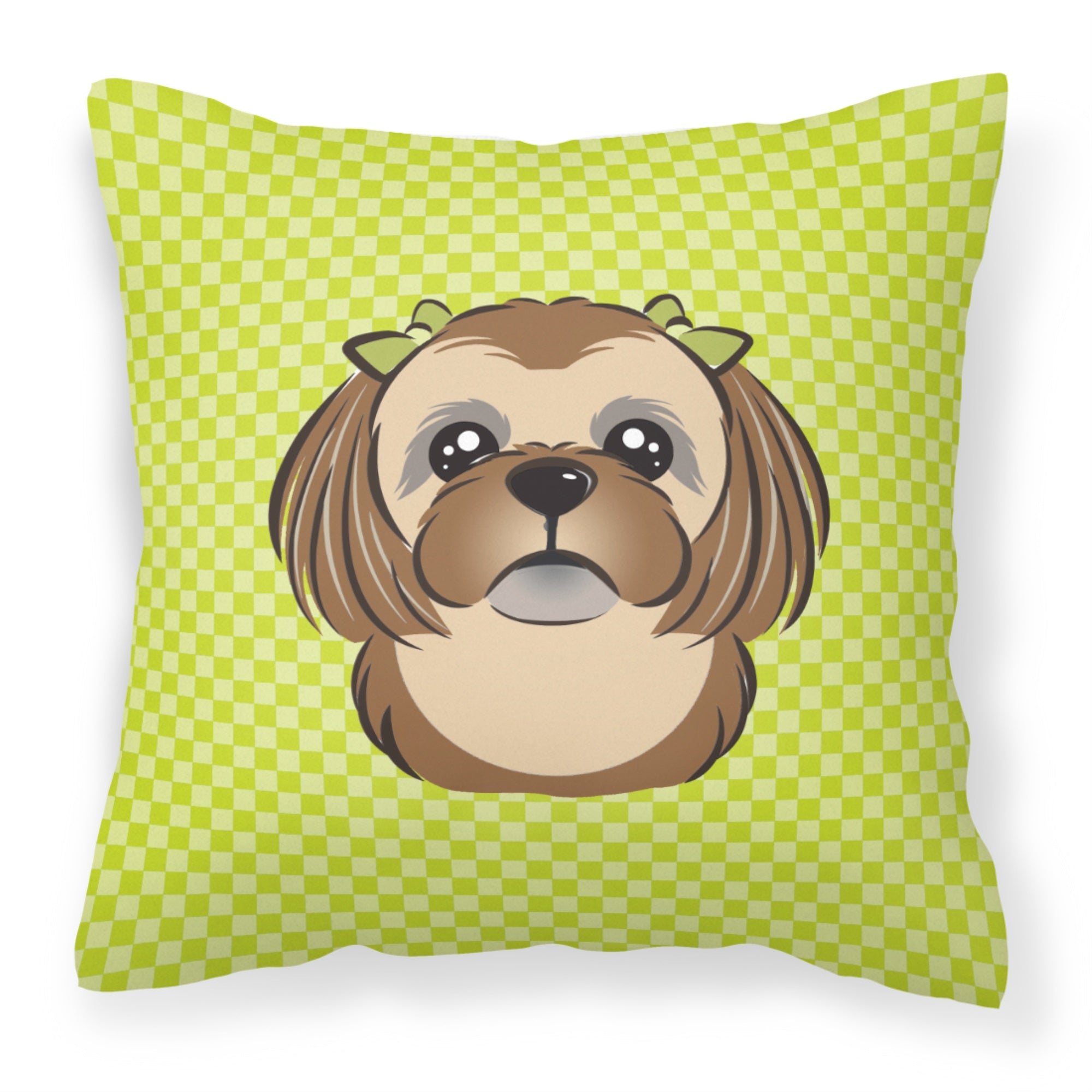 Checkerboard Lime Green Chocolate Brown Shih Tzu Fabric Decorative Pillow