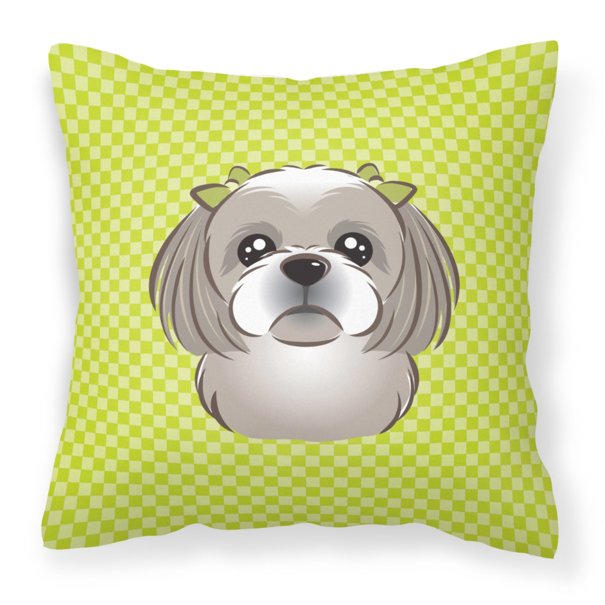 Checkerboard Lime Green Gray Silver Shih Tzu Fabric Decorative Pillow