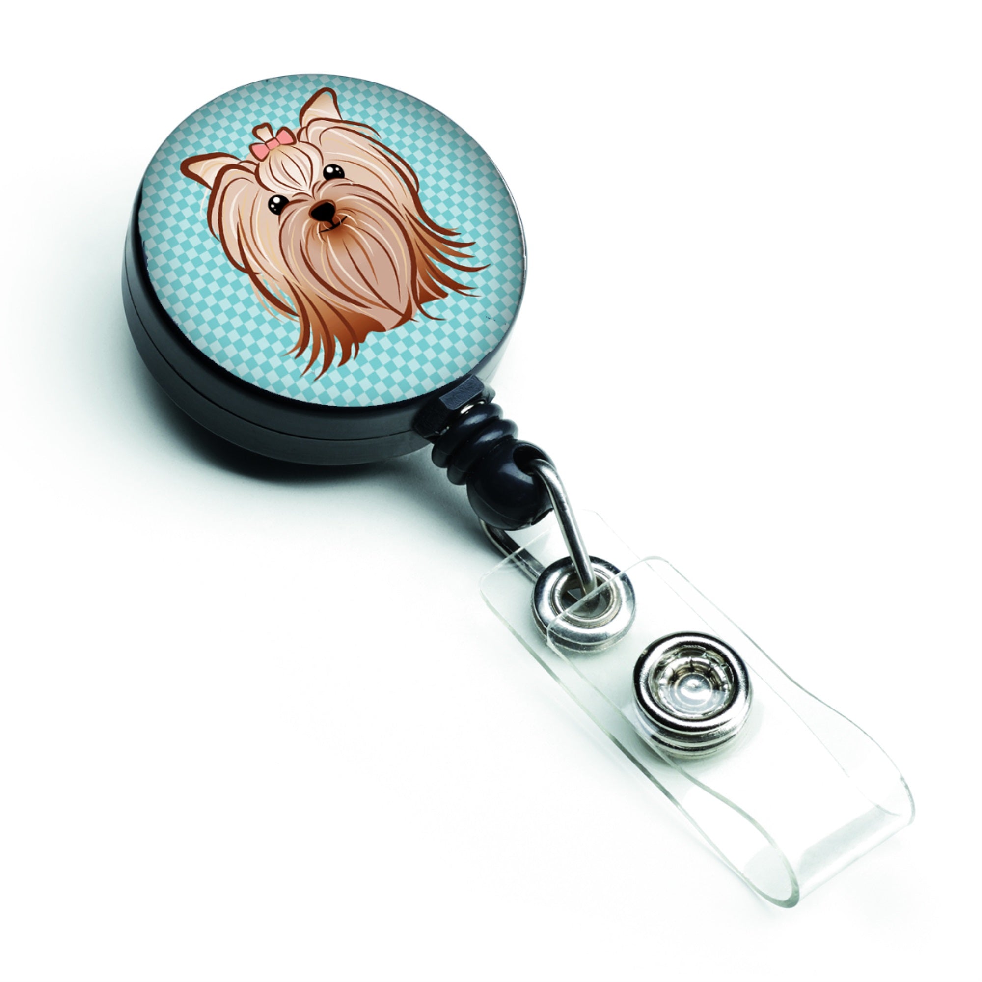 Checkerboard Blue Yorkie Yorkishire Terrier Retractable Badge Reel