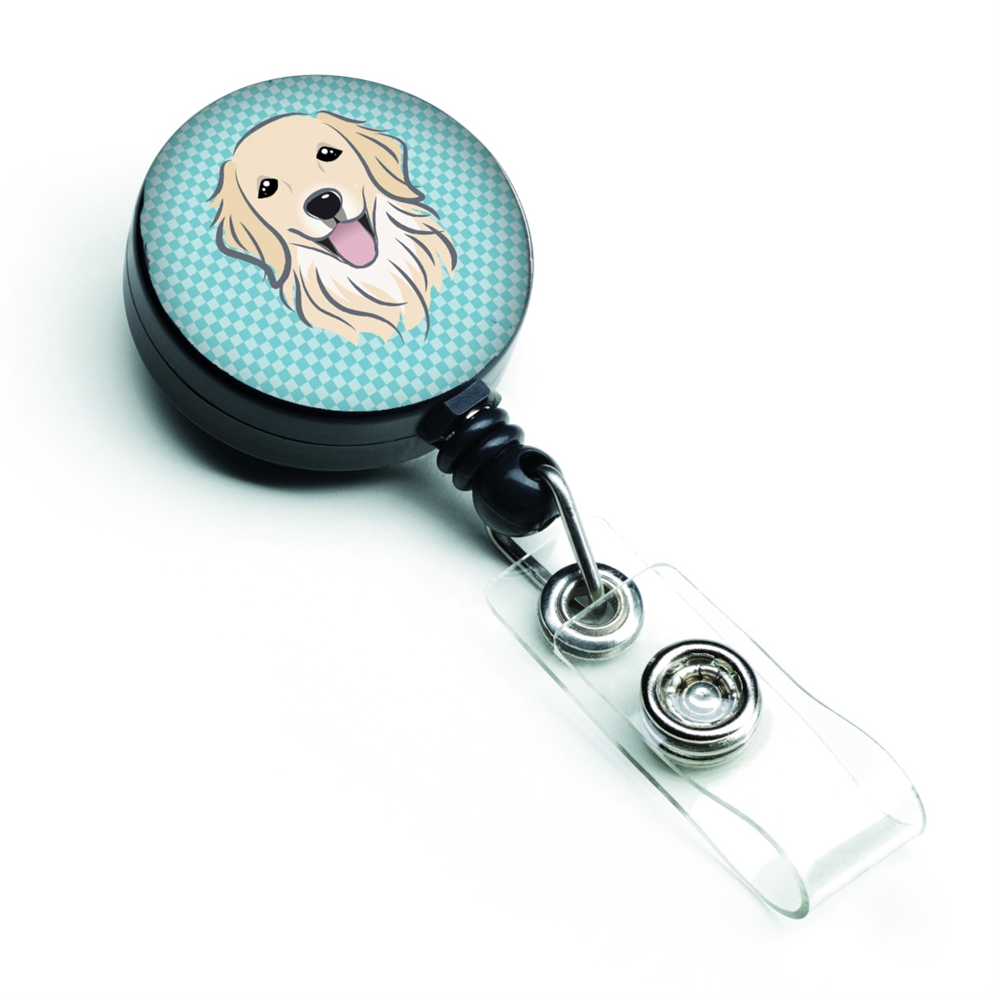Checkerboard Blue Golden Retriever Retractable Badge Reel