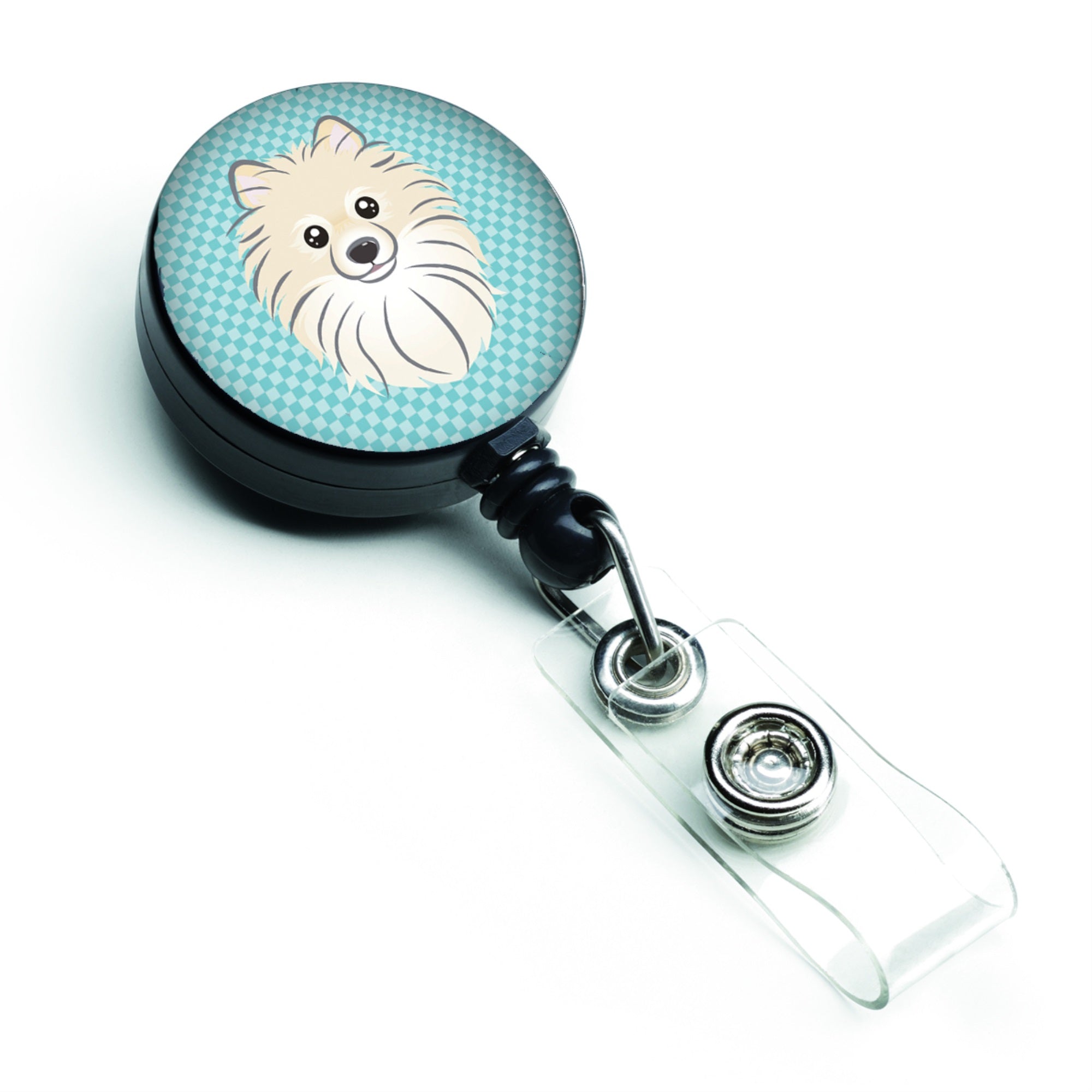 Checkerboard Blue Pomeranian Retractable Badge Reel