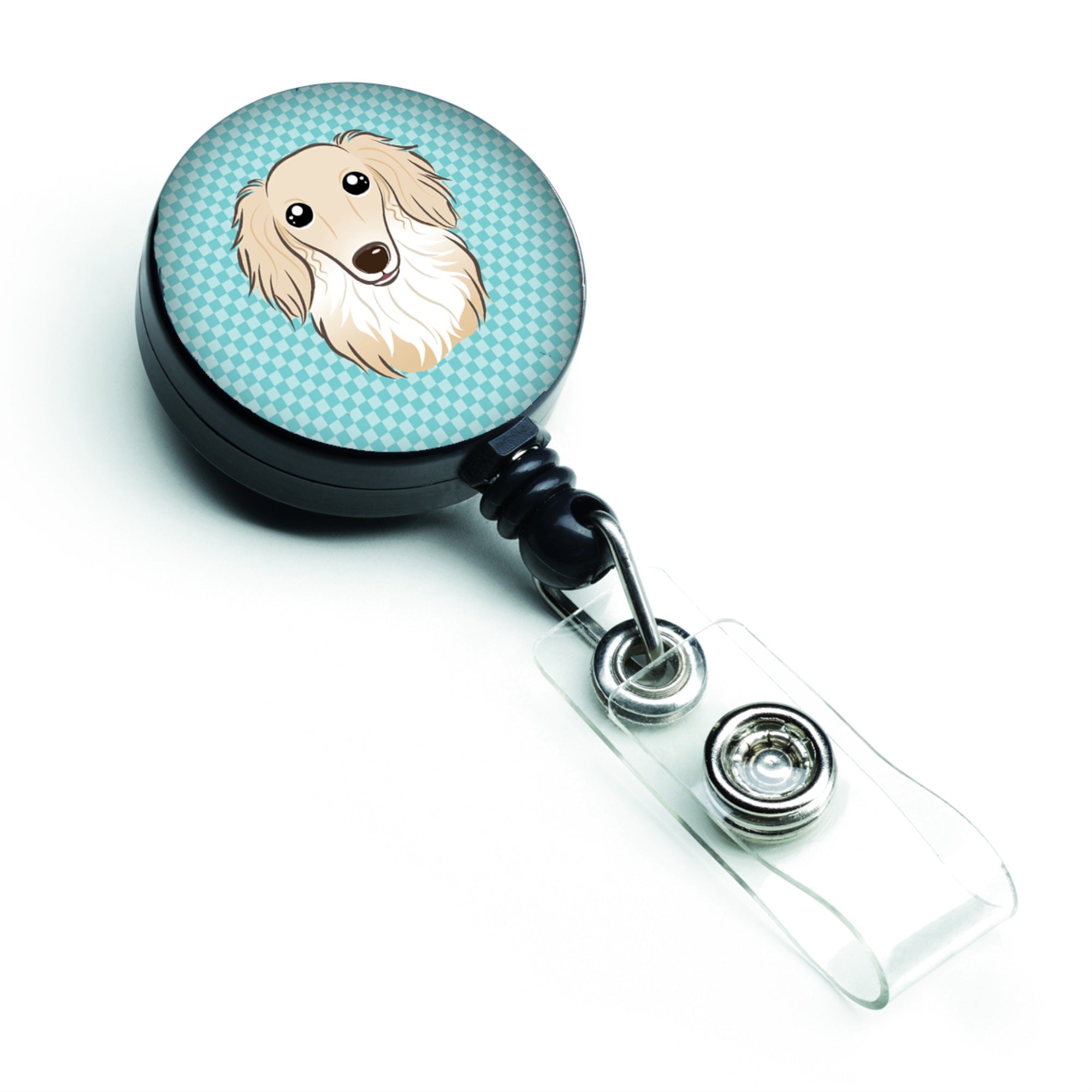Checkerboard Blue Longhair Creme Dachshund Retractable Badge Reel