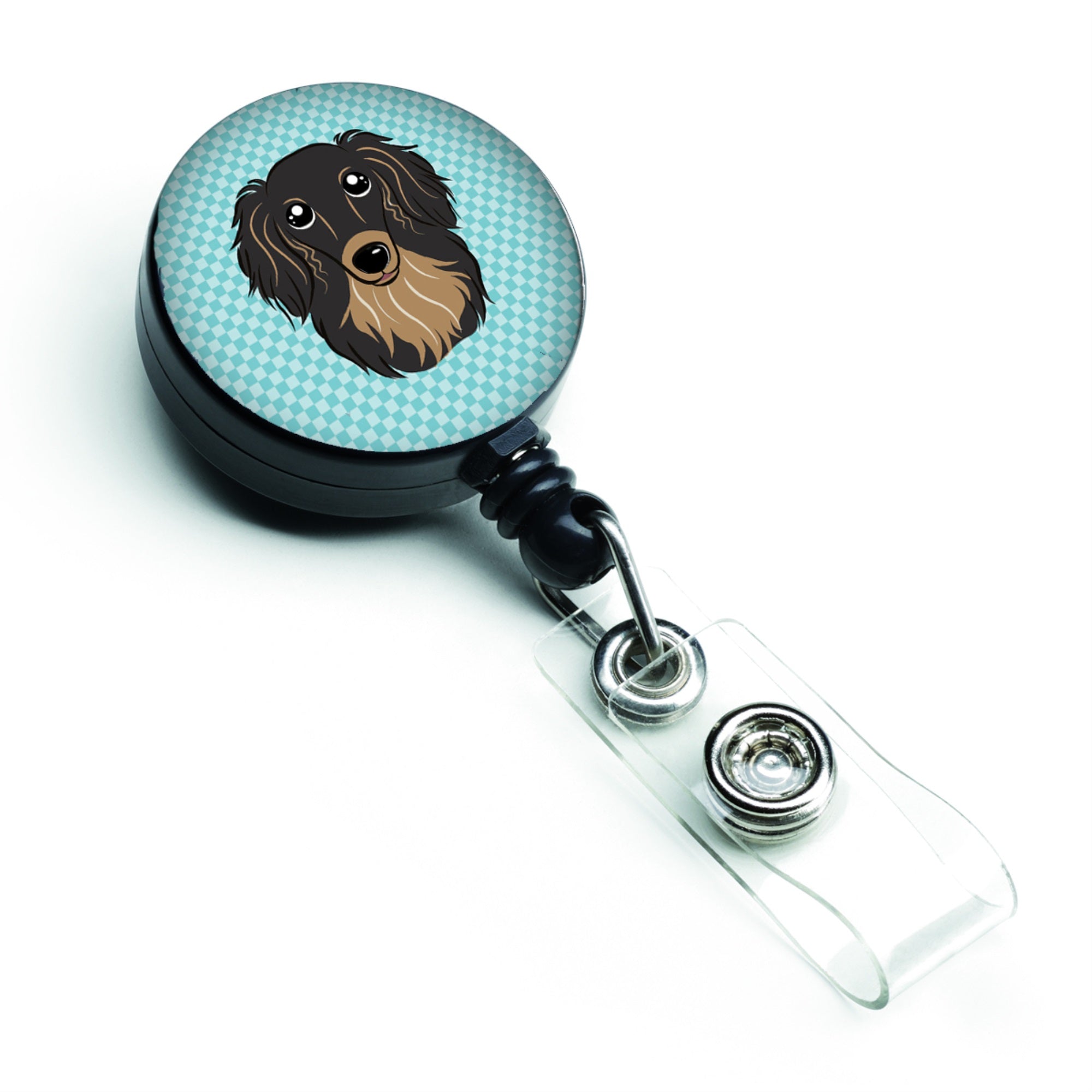 Checkerboard Blue Longhair Black And Tan Dachshund Retractable Badge Reel