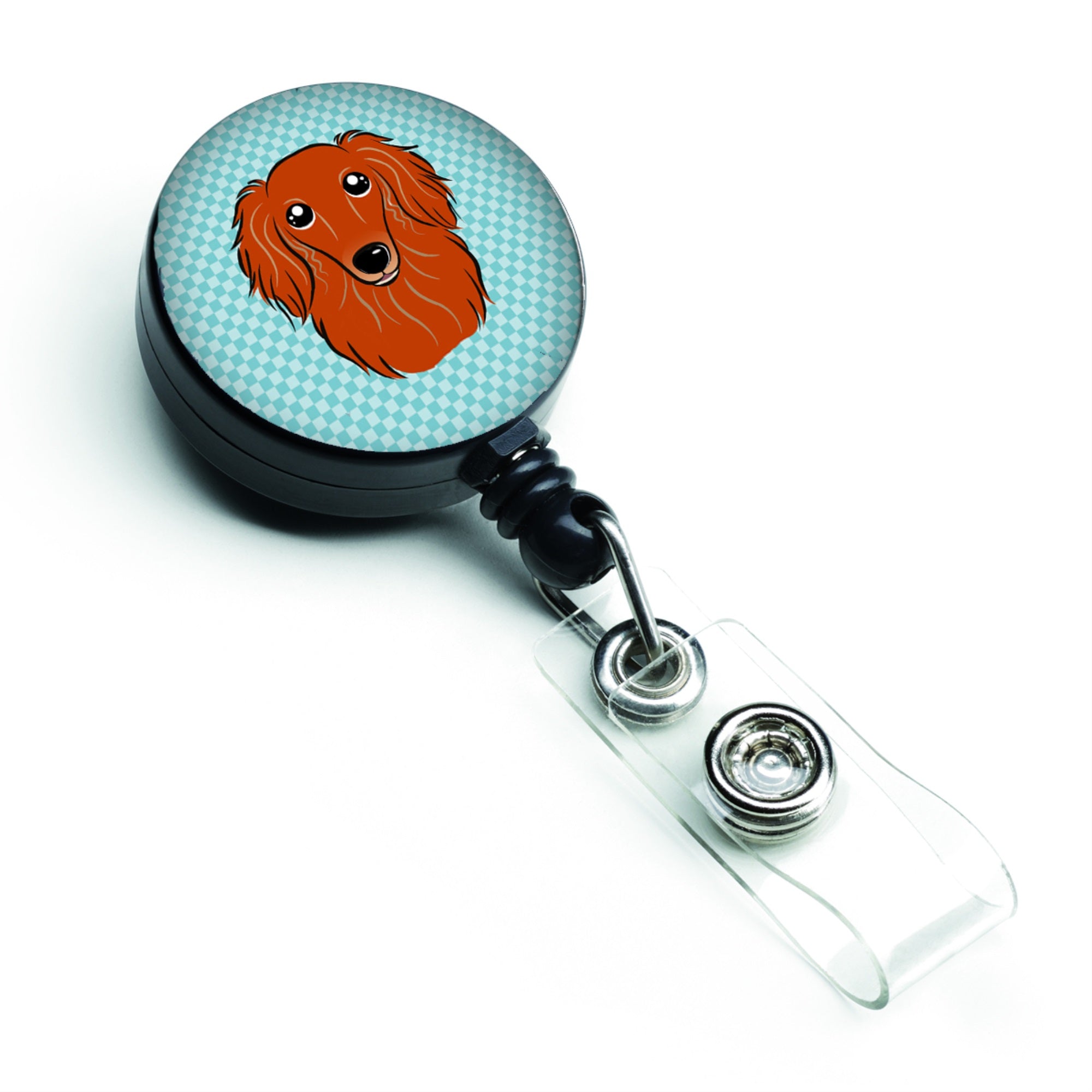 Checkerboard Blue Longhair Red Dachshund Retractable Badge Reel