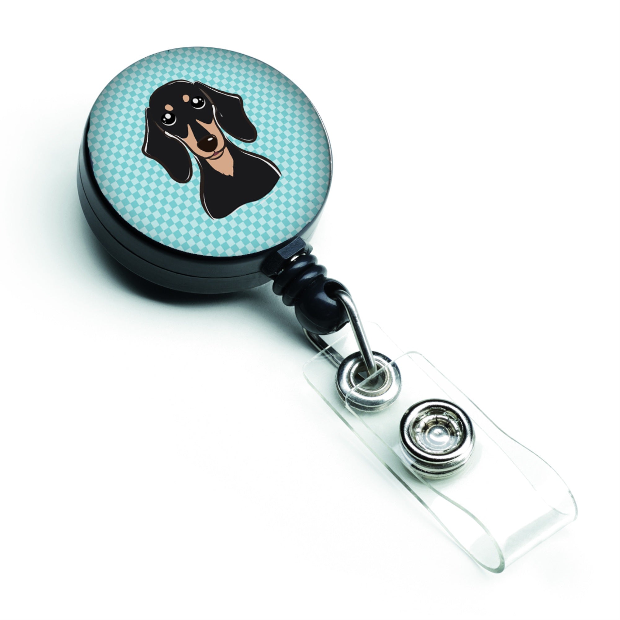 Checkerboard Blue Smooth Black And Tan Dachshund Retractable Badge Reel