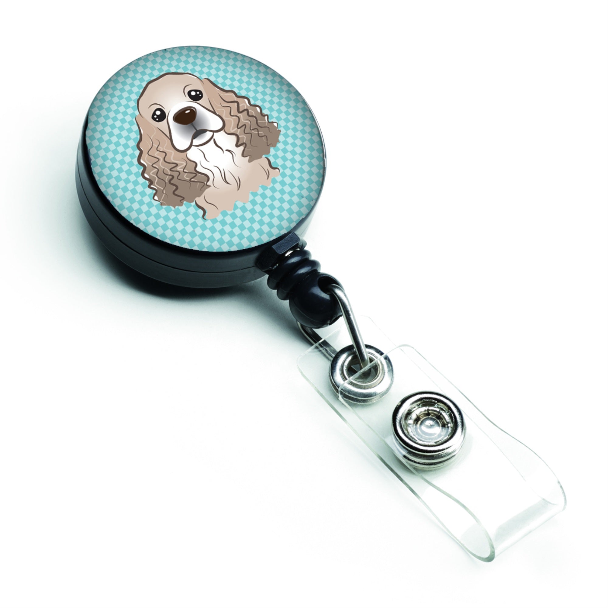 Checkerboard Blue Cocker Spaniel Retractable Badge Reel