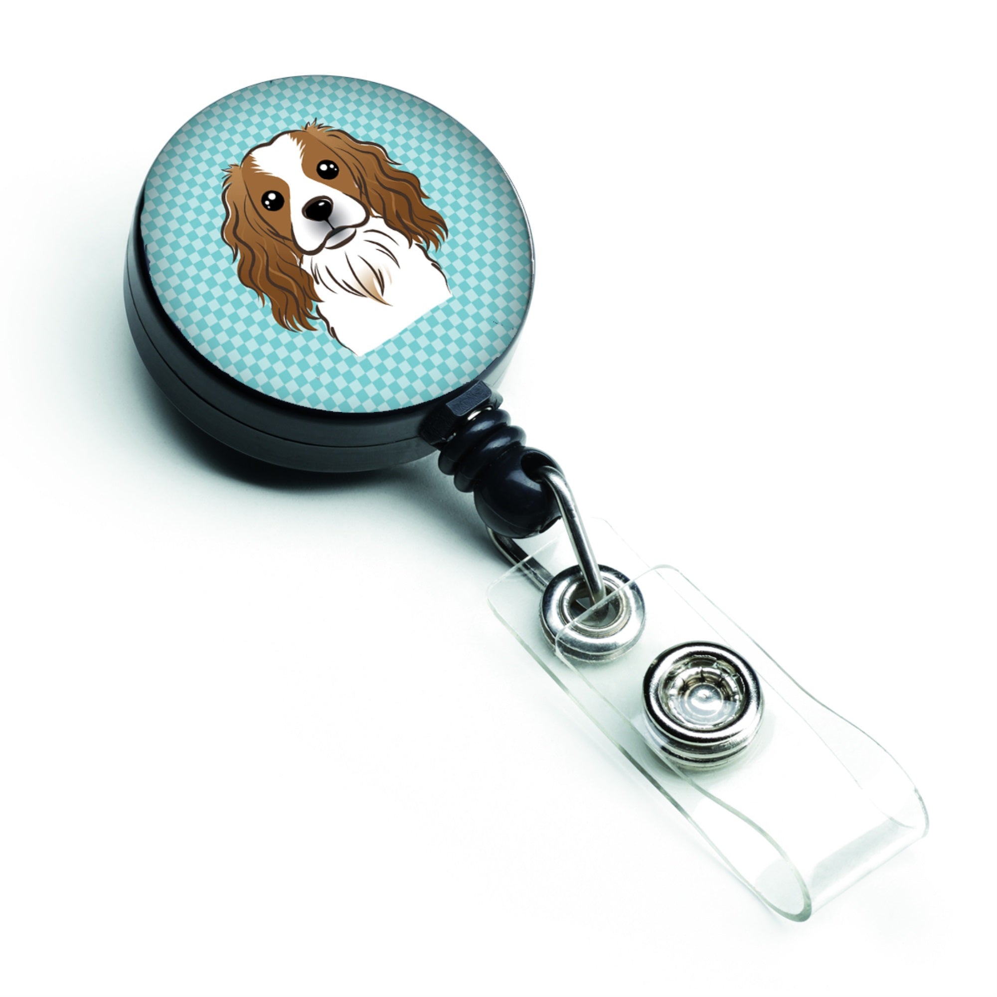 Checkerboard Blue Cavalier Spaniel Retractable Badge Reel