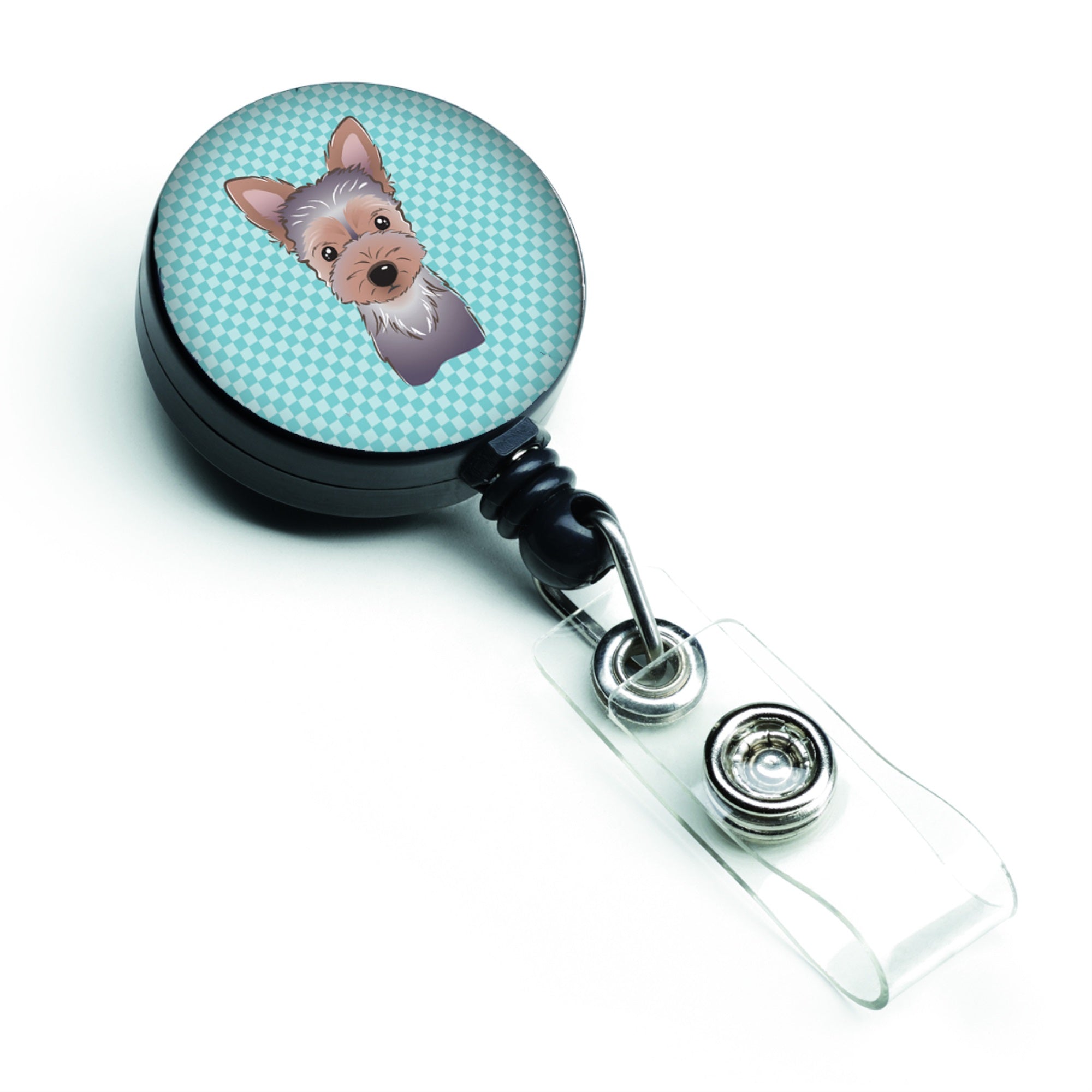 Checkerboard Blue Yorkie Puppy Retractable Badge Reel
